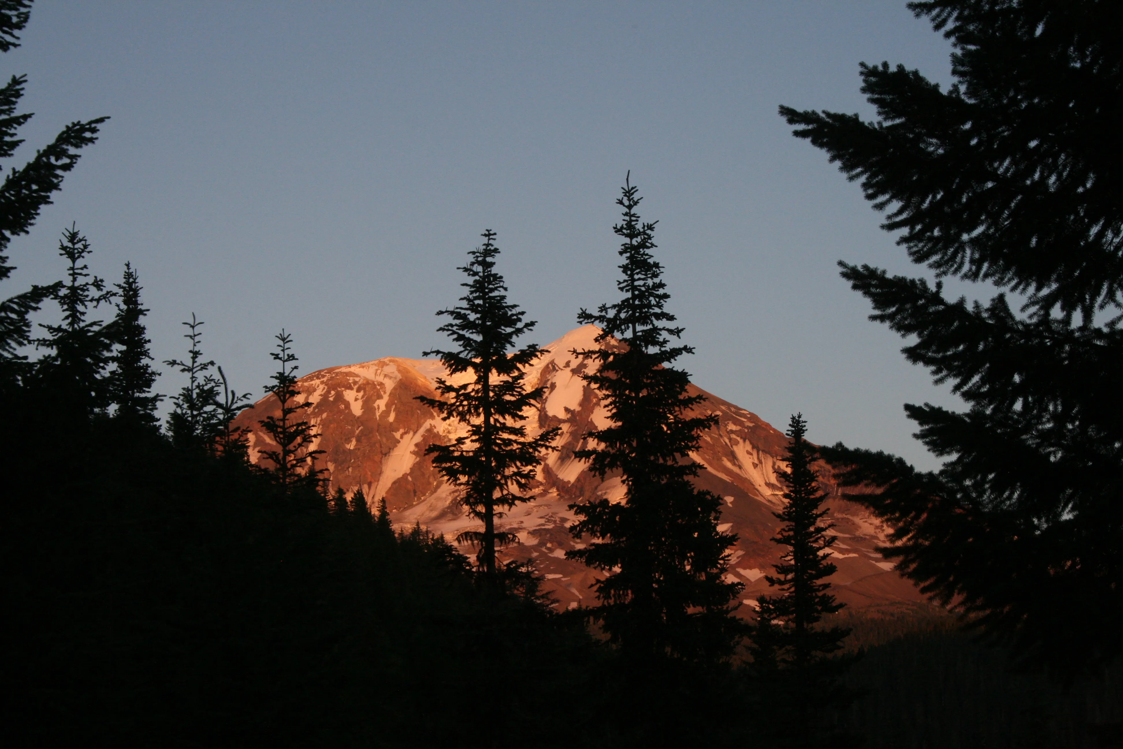 Alpenglow sunset on the drive in to camp for Mount Adams