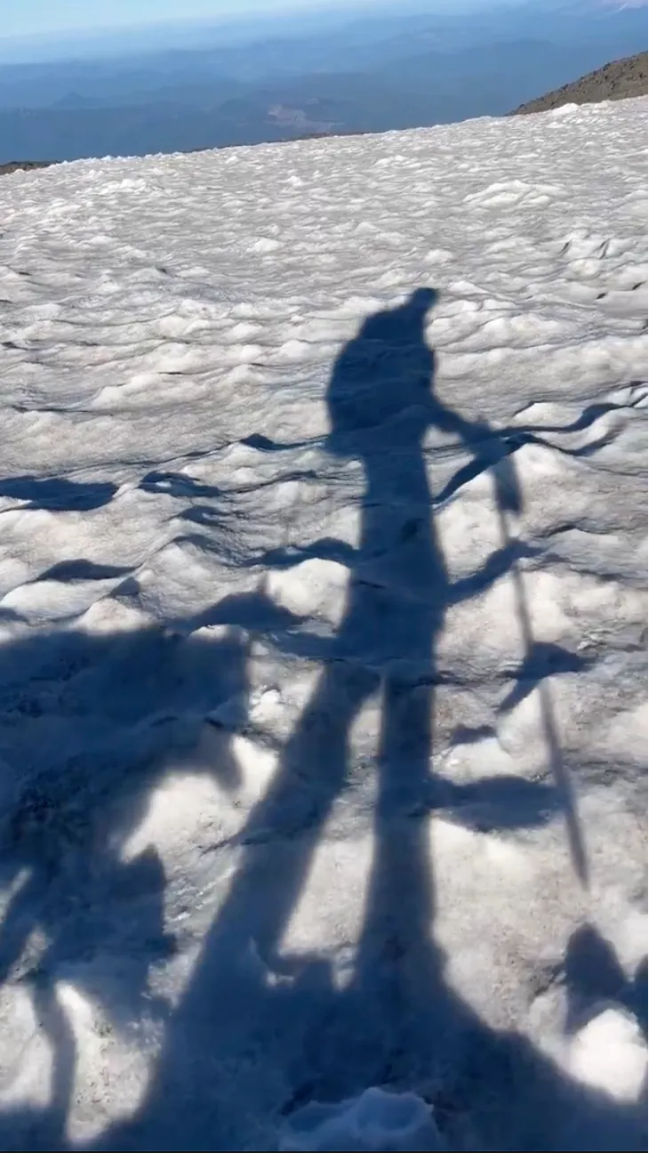 Stella and I walking across the frozen boot path on Mount Adams