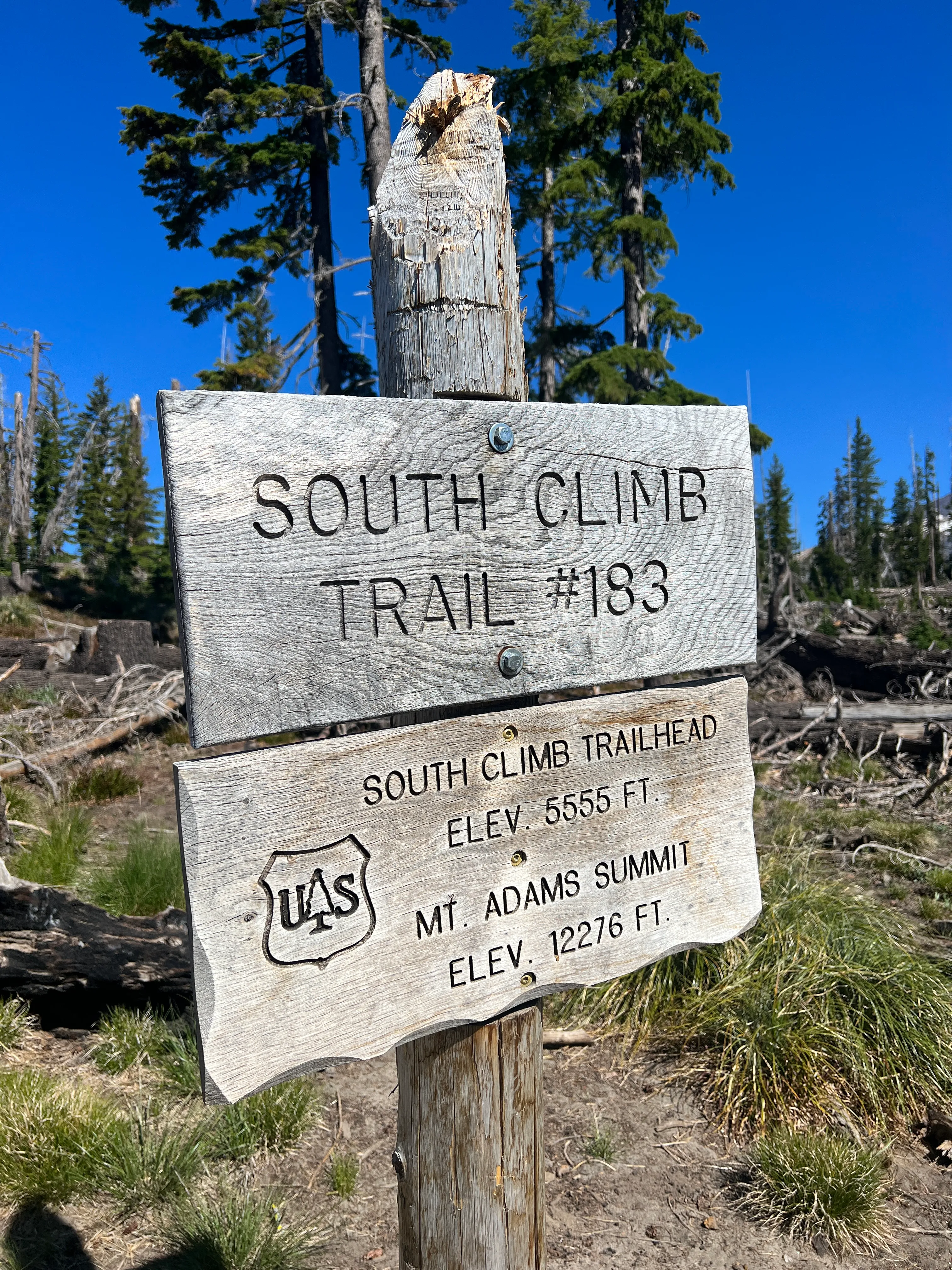The South Climb Trail #183 trailhead sign for Mount Adams