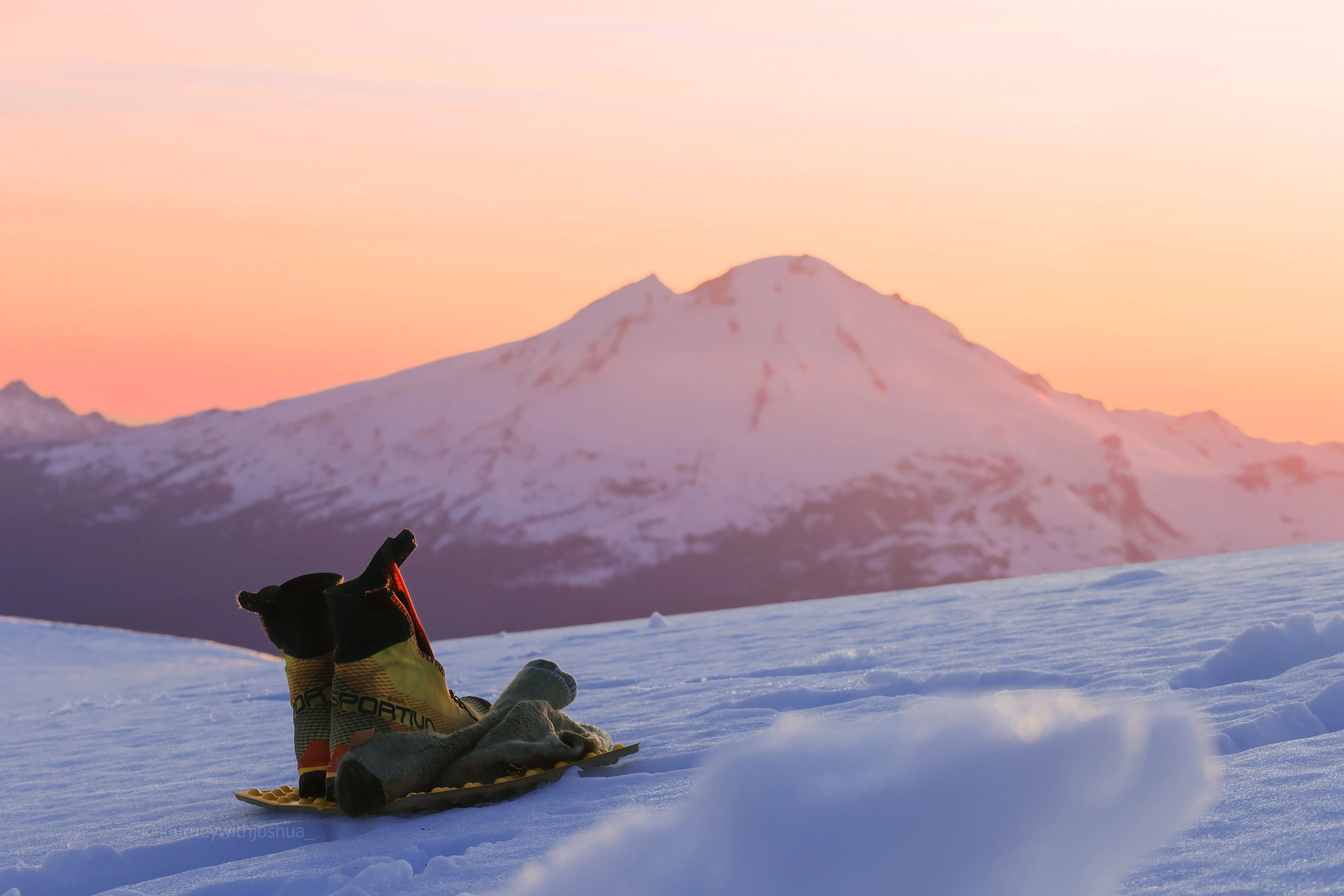 Mountaineering boots resting at camp on Mount Blum.