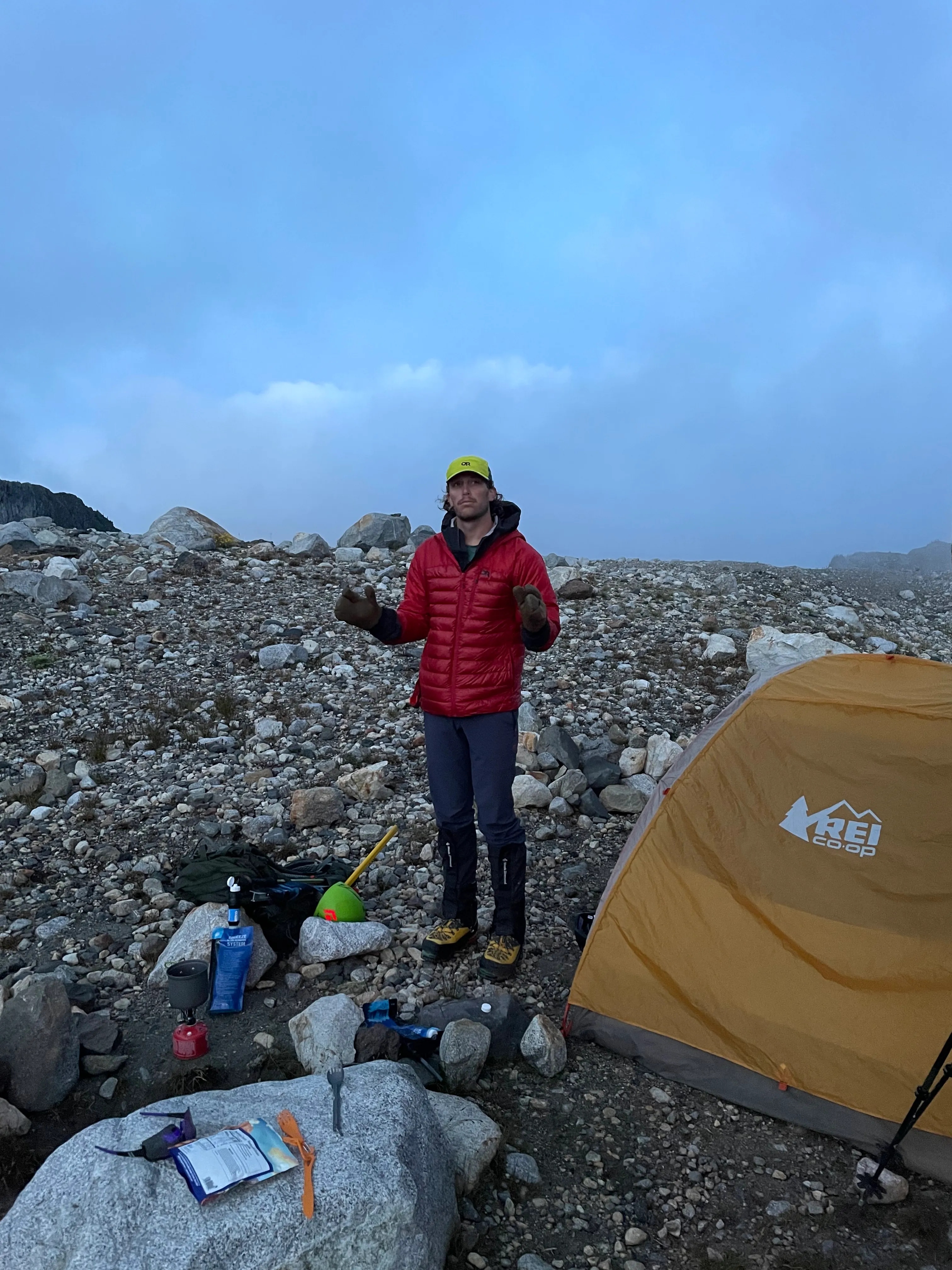 Back at camp, gesturing about how much salmon I could eat right now