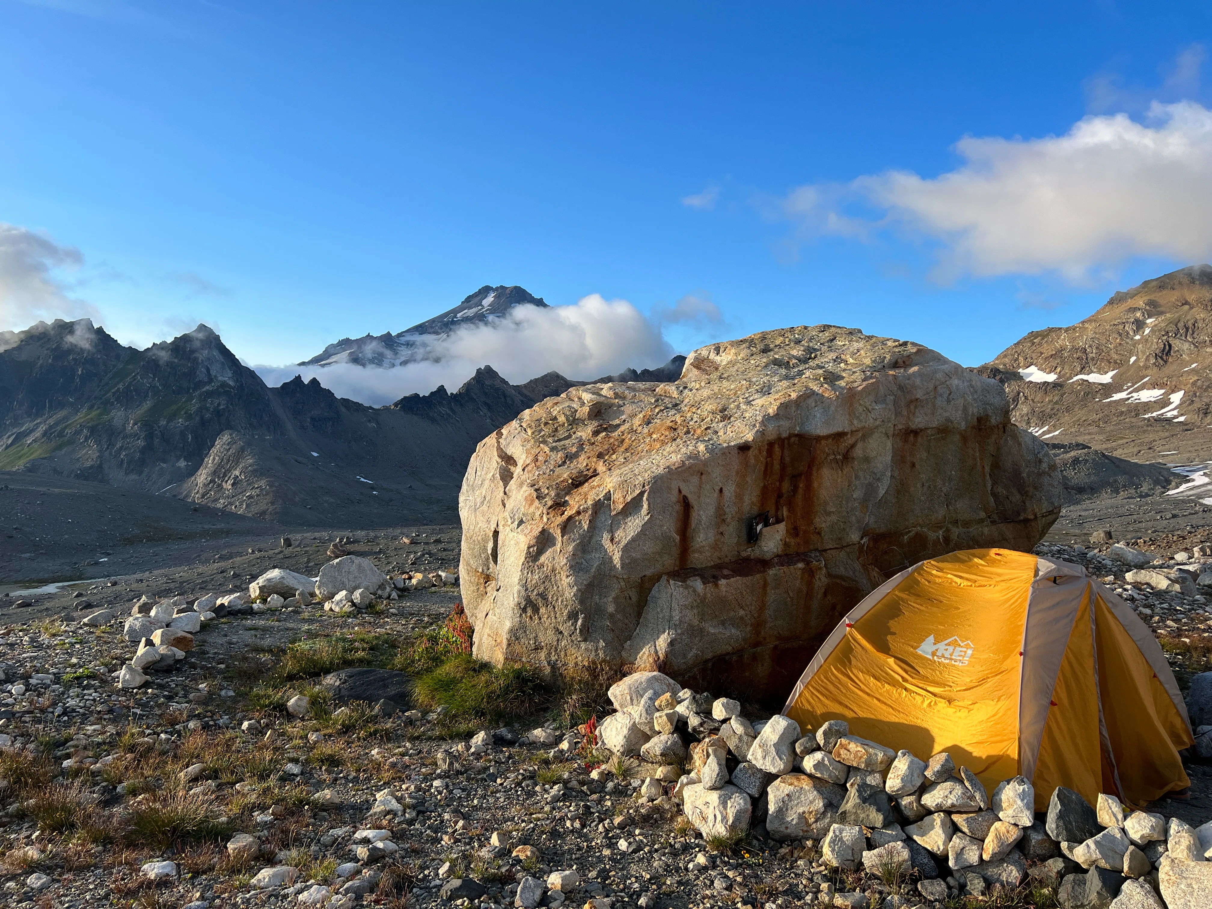 Our base camp tent tucked in behind the big boulder