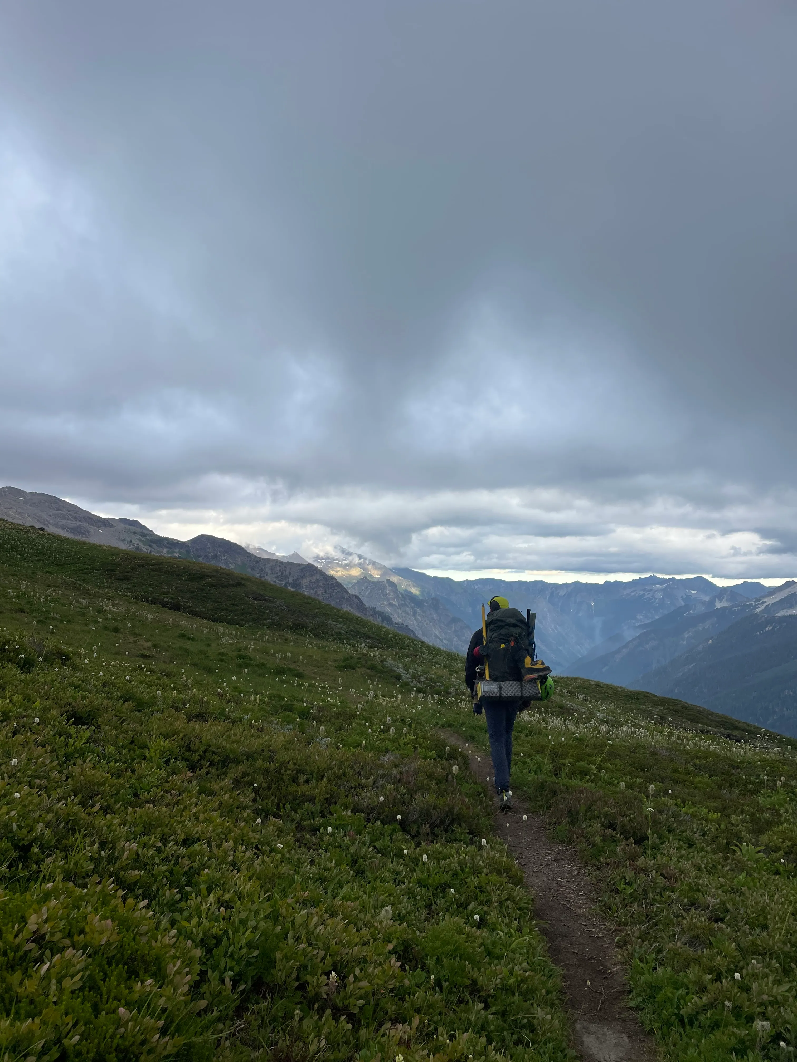 Josh standing in the glacier meadows below the peak
