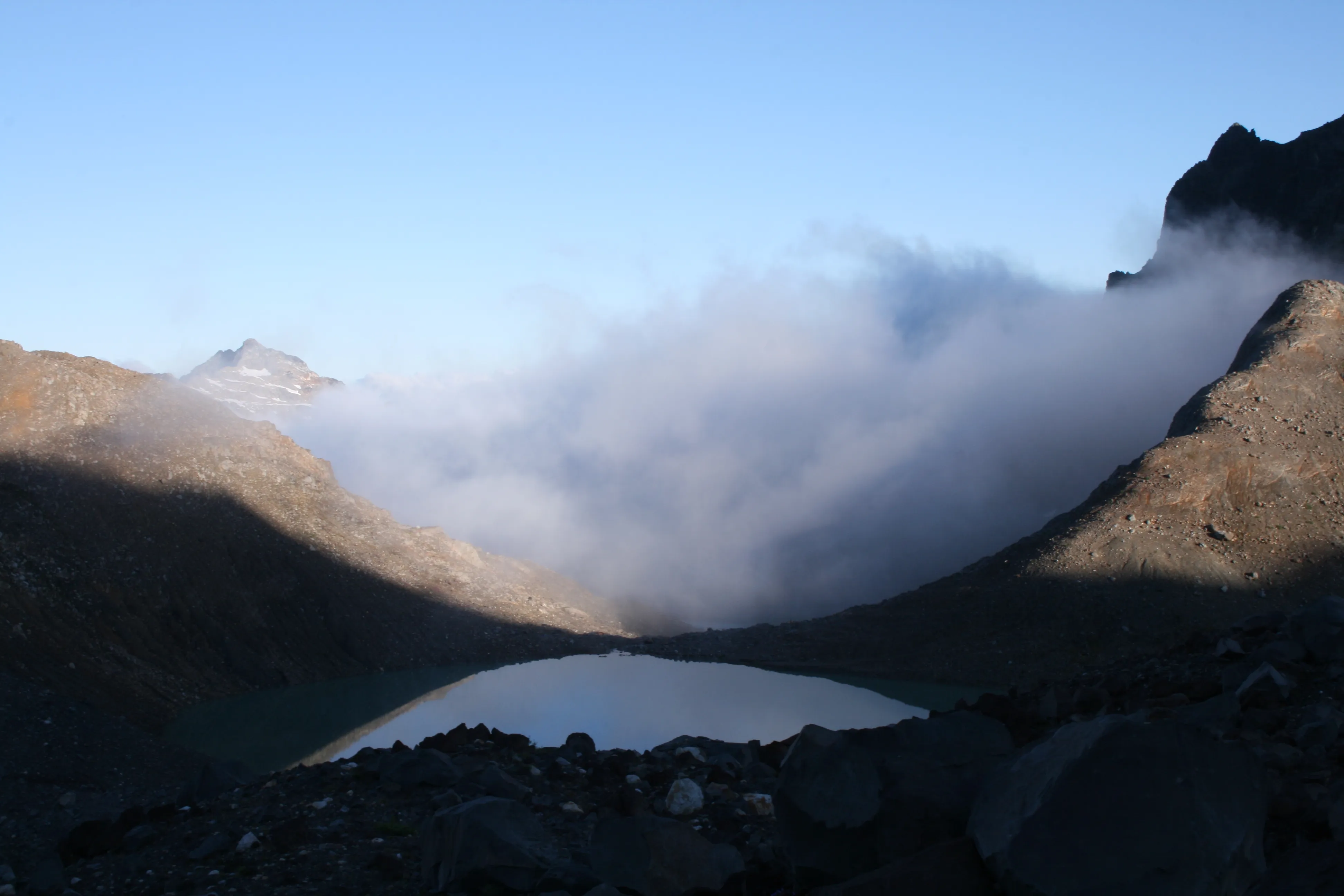 Looking back at the fog layer we had been camped in on summit day