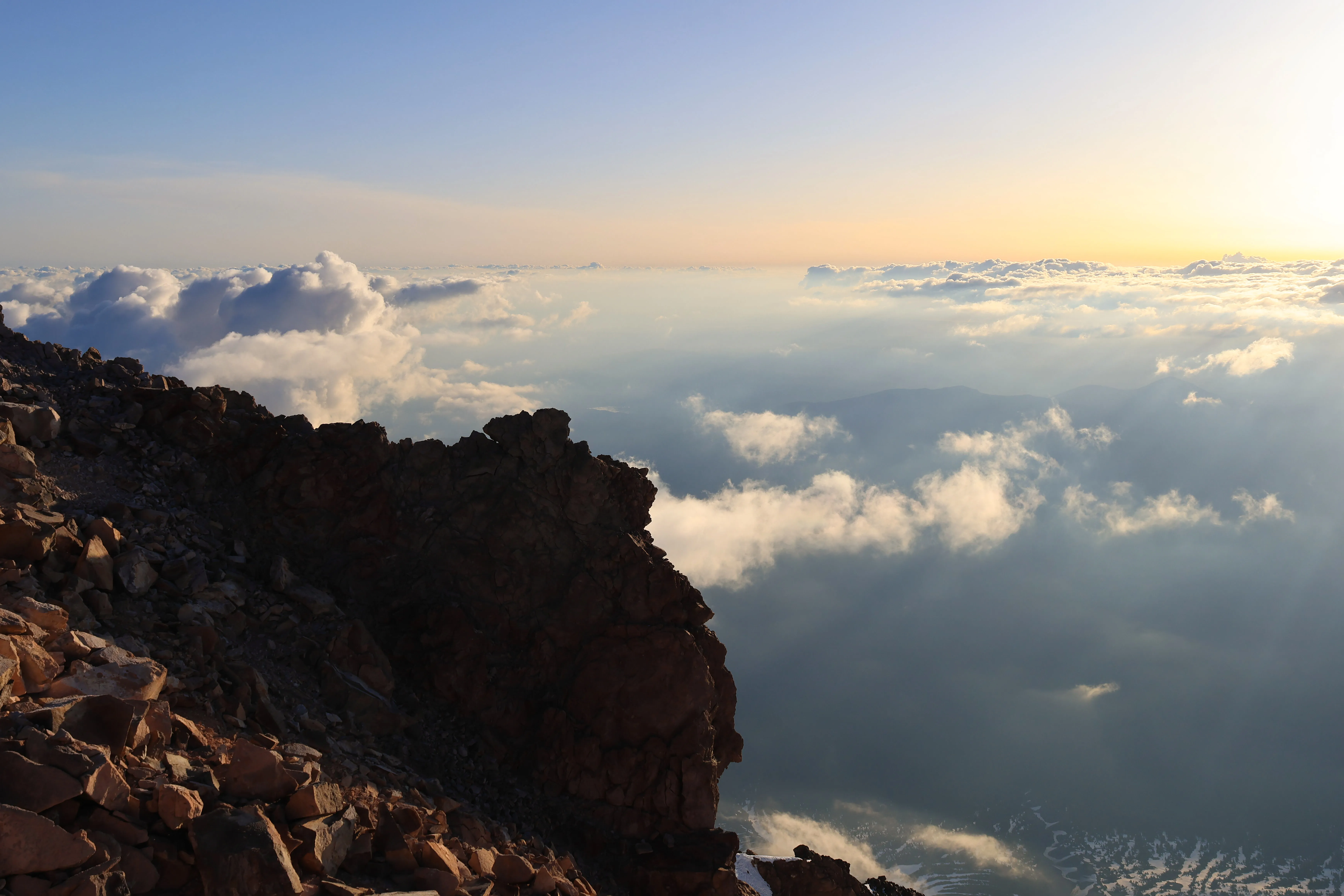 Light rays off Shasta on the descent