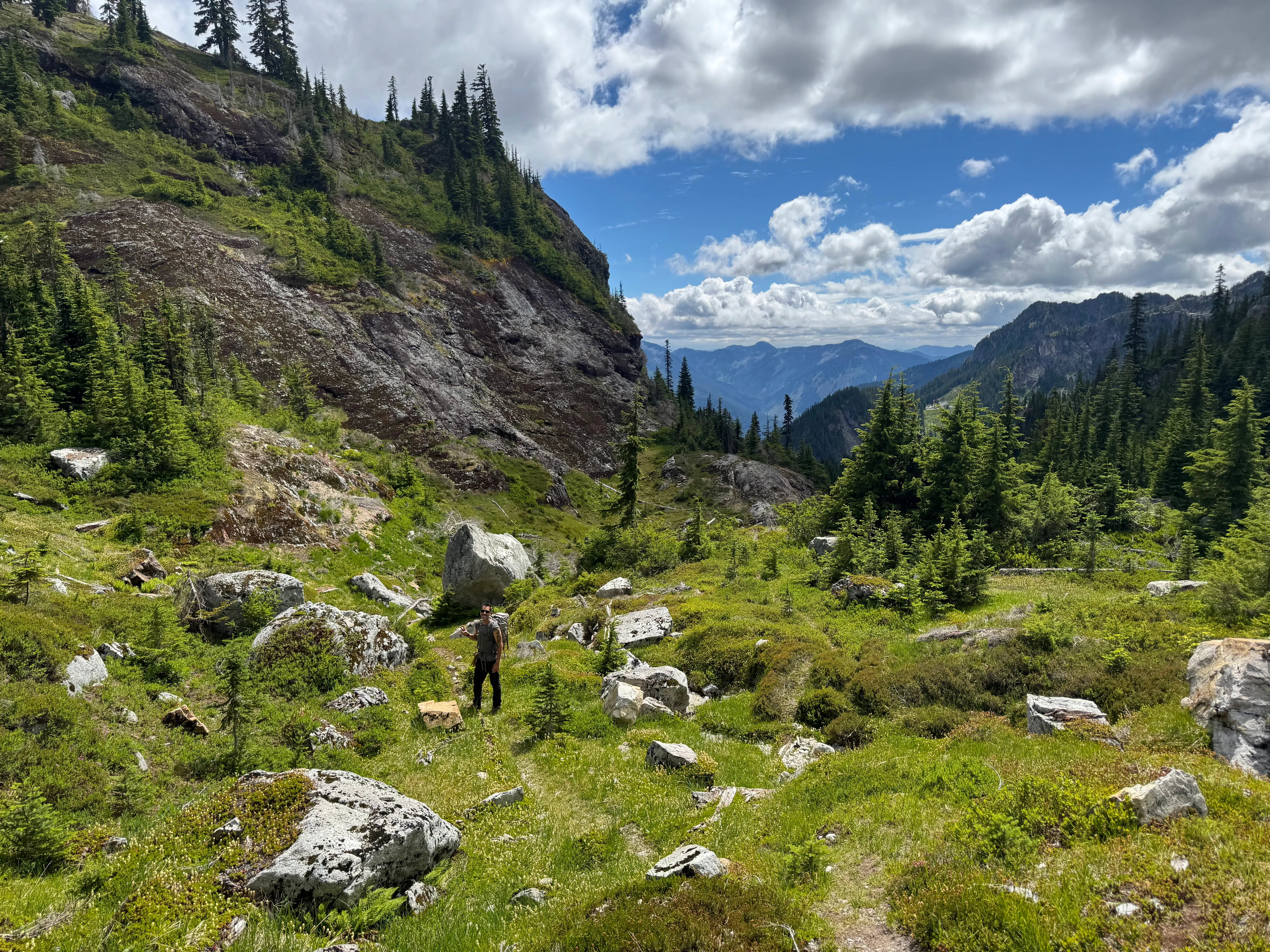 Matty in the alpine meadows heading to Cave Ridge