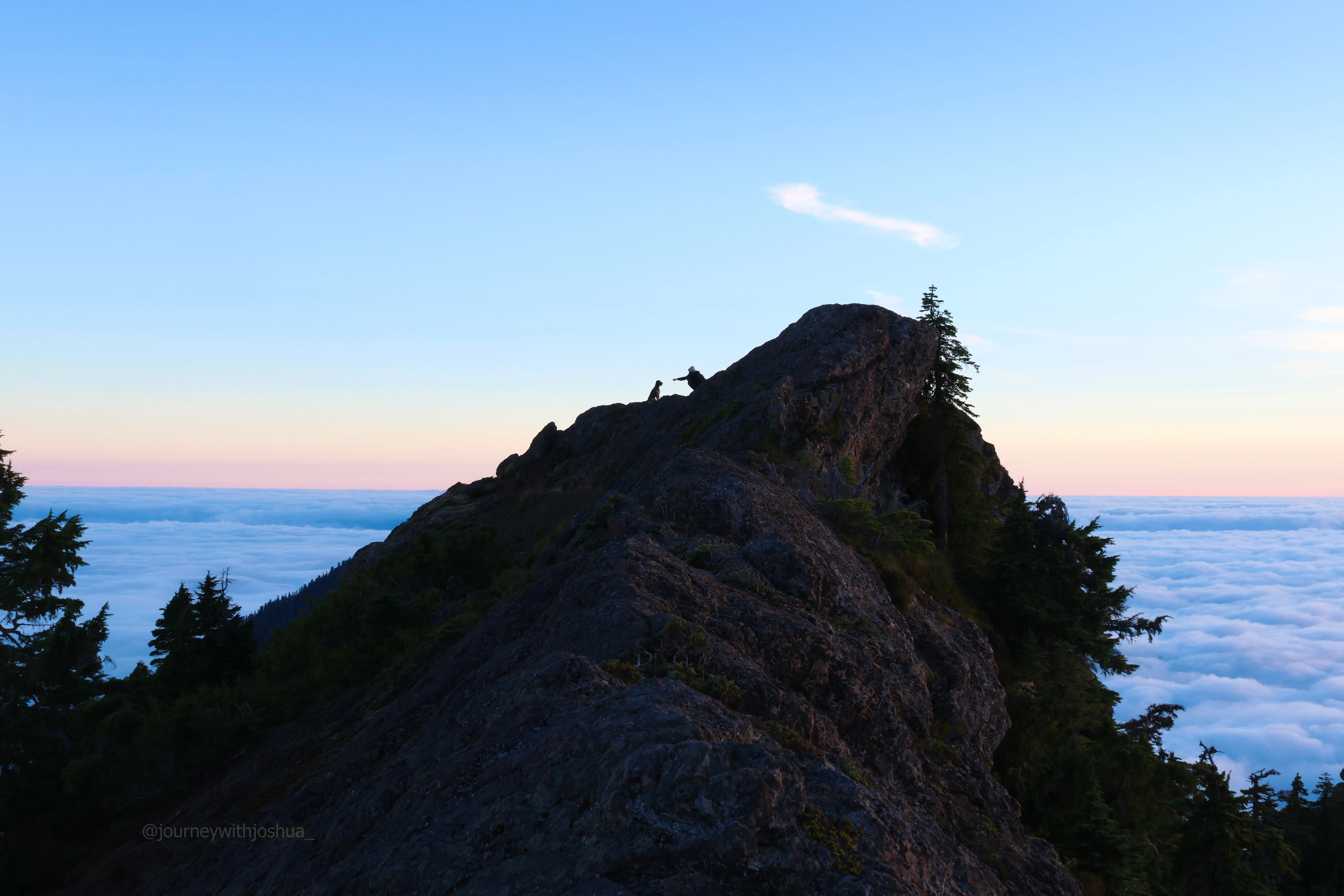 Izzy the dog in man's best place during the Olympic Range sunset.