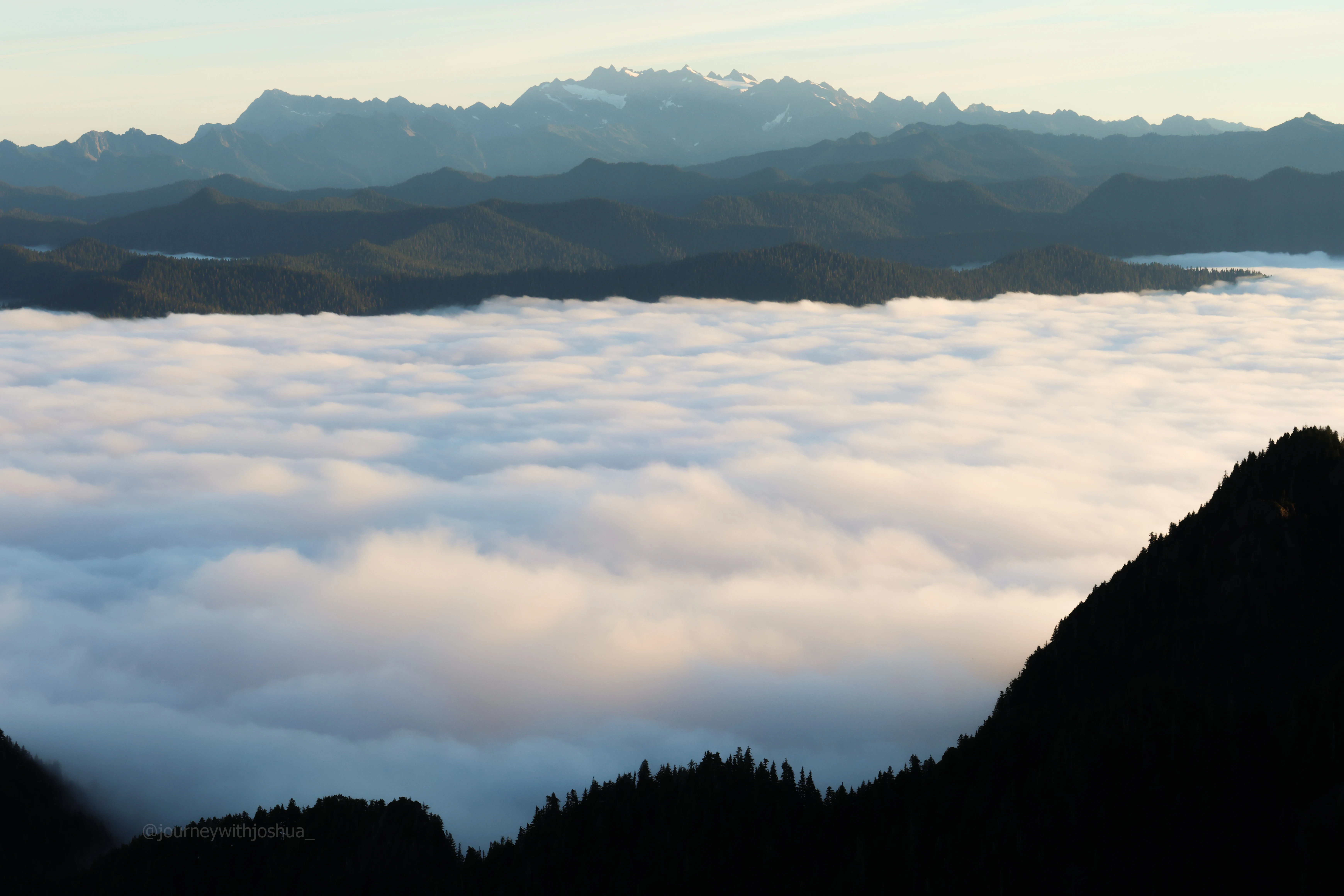 One last shot of the hazy sunrise layers of Mount Olympus from the Olympic Range.