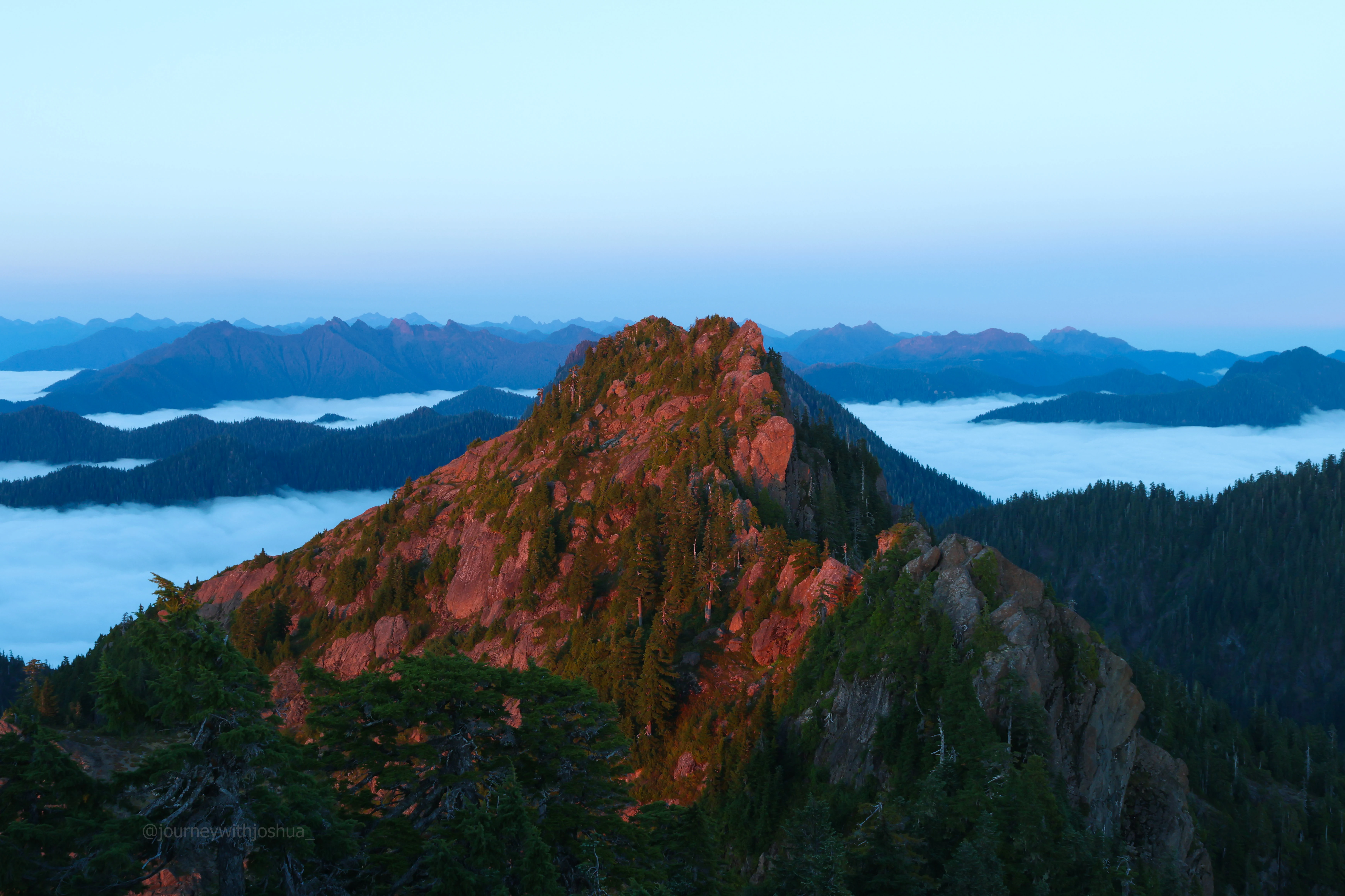 Perfect sunset alpenglow over the Olympic Range.