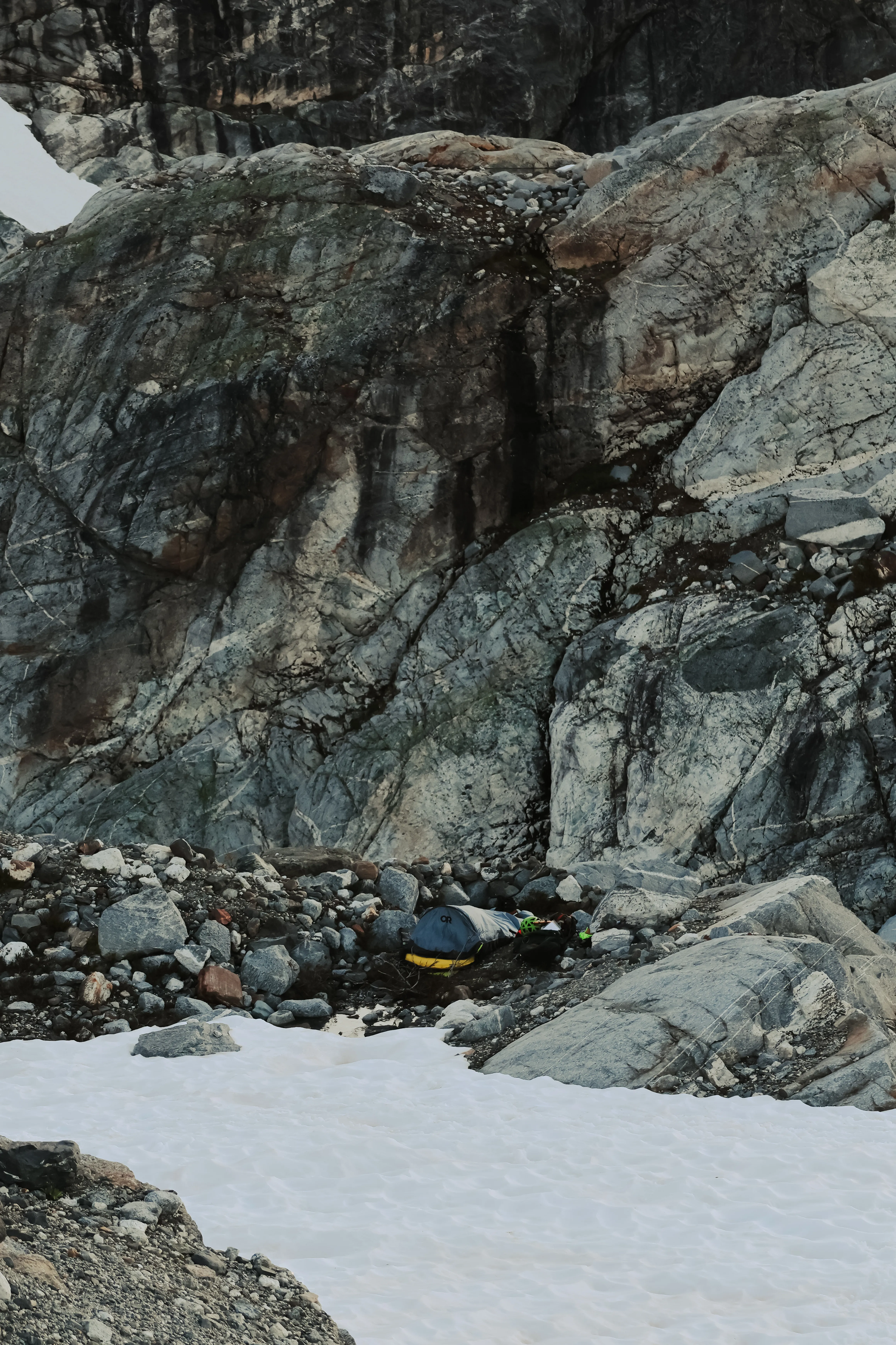 Bivy site dwarfed by the surrounding terrain near Mount Primus.