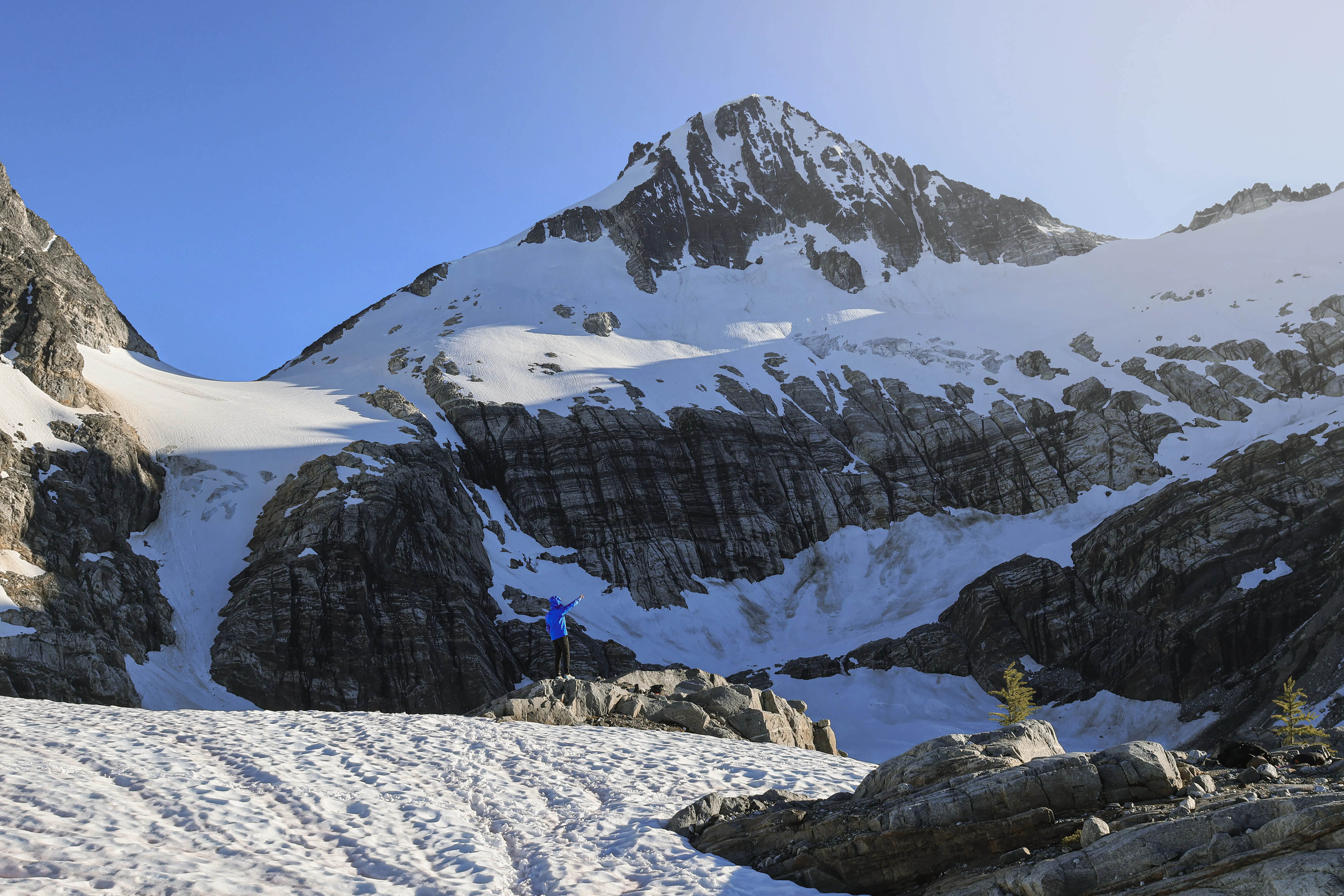 Joshua at the bivy site with Primus Peak behind for scale