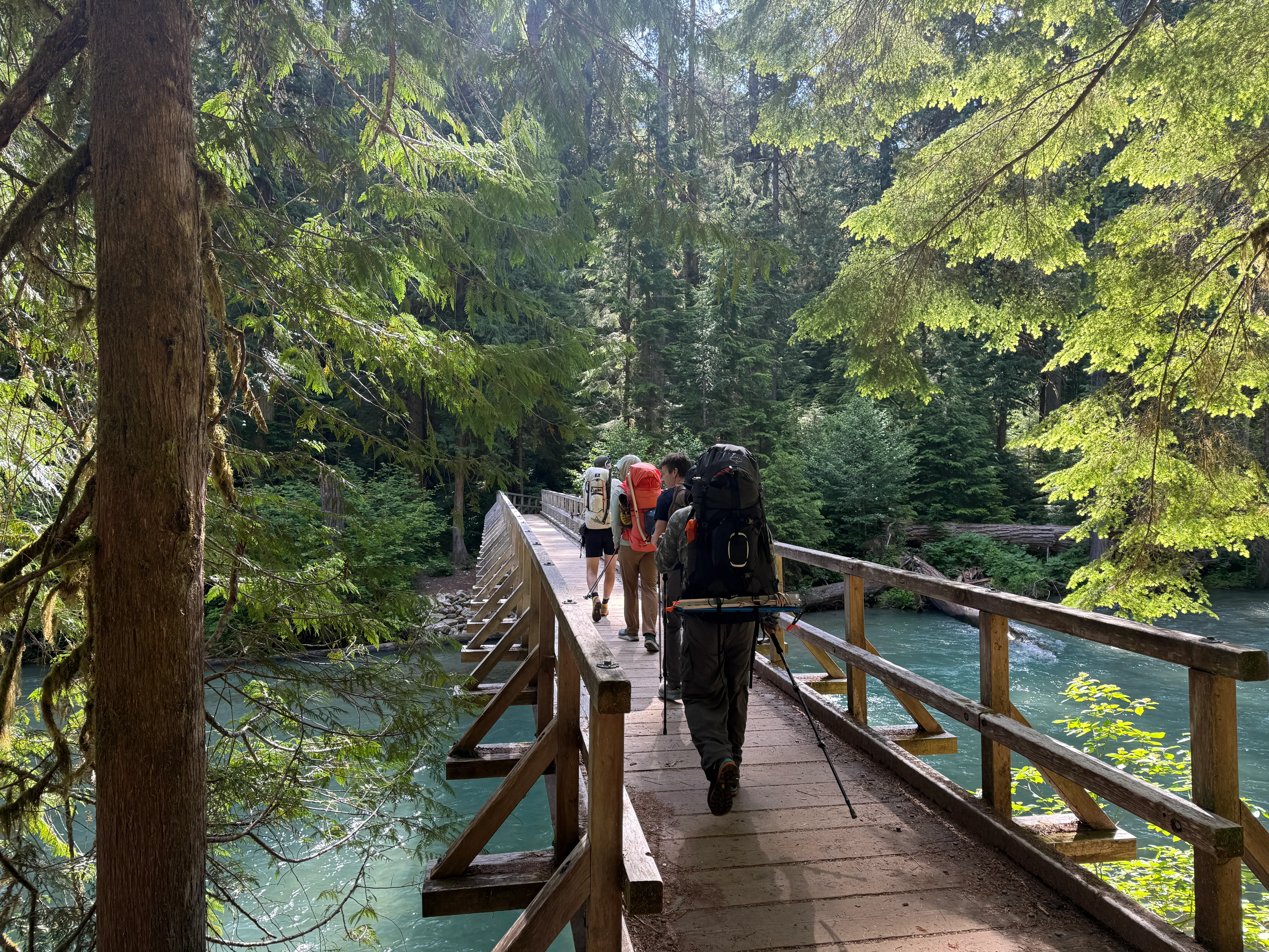 Setting out from Colonial Creek on the Thunder Creek Trail, crossing the first bridge
