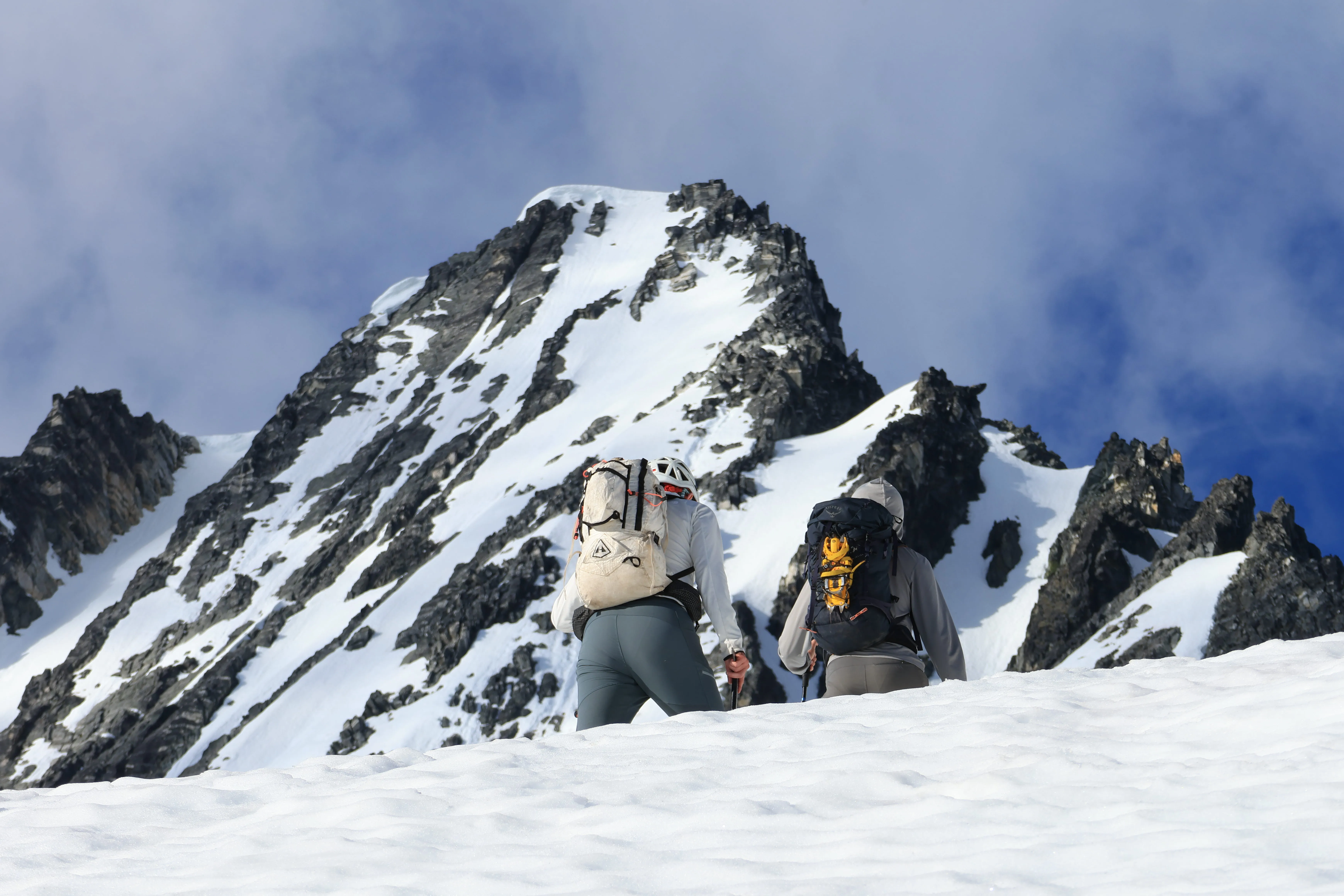 Looking up at the summit of Primus just before roping up