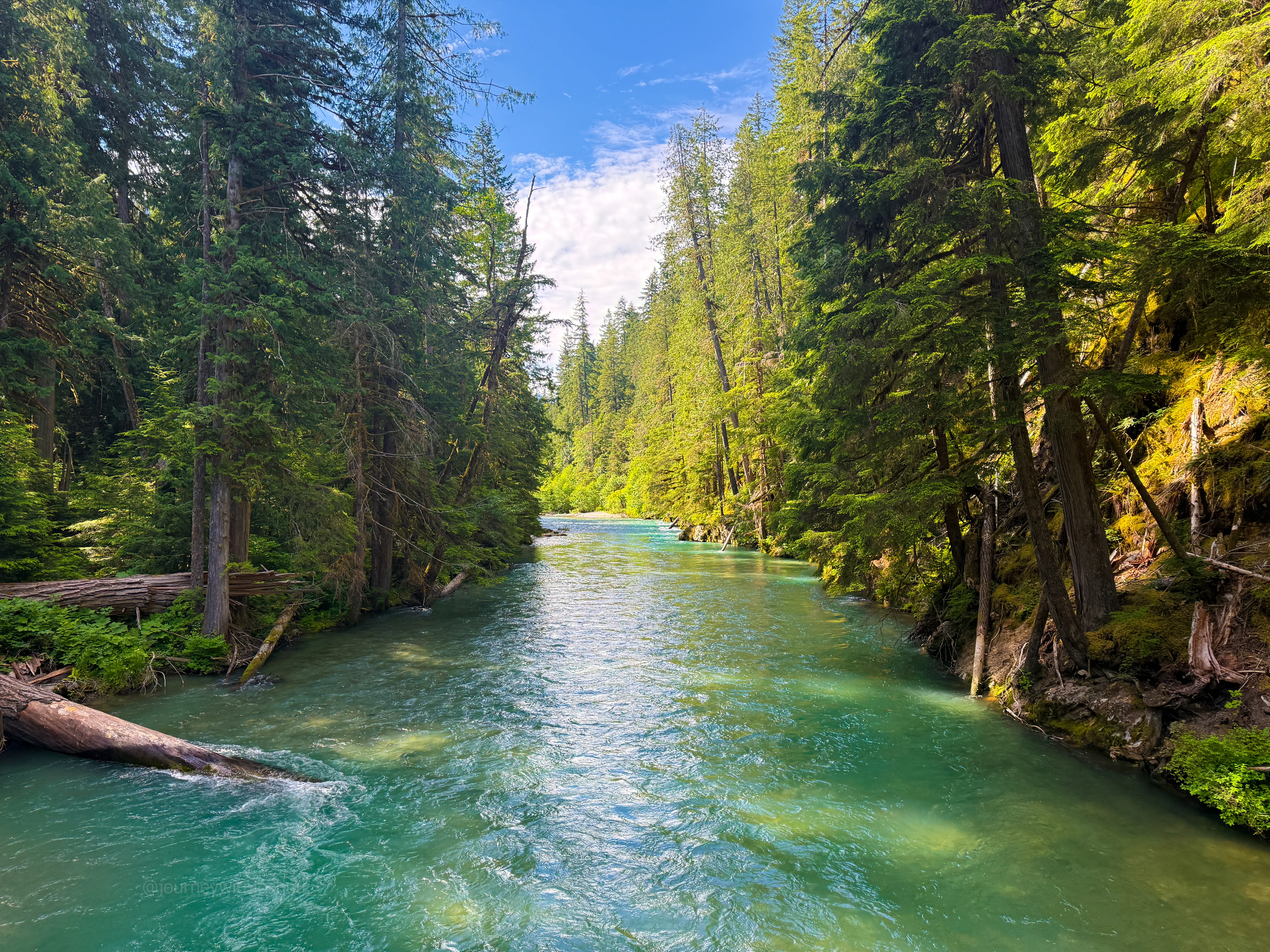 Crossing a footbridge over Thunder Creek on the approach to Primus Peak