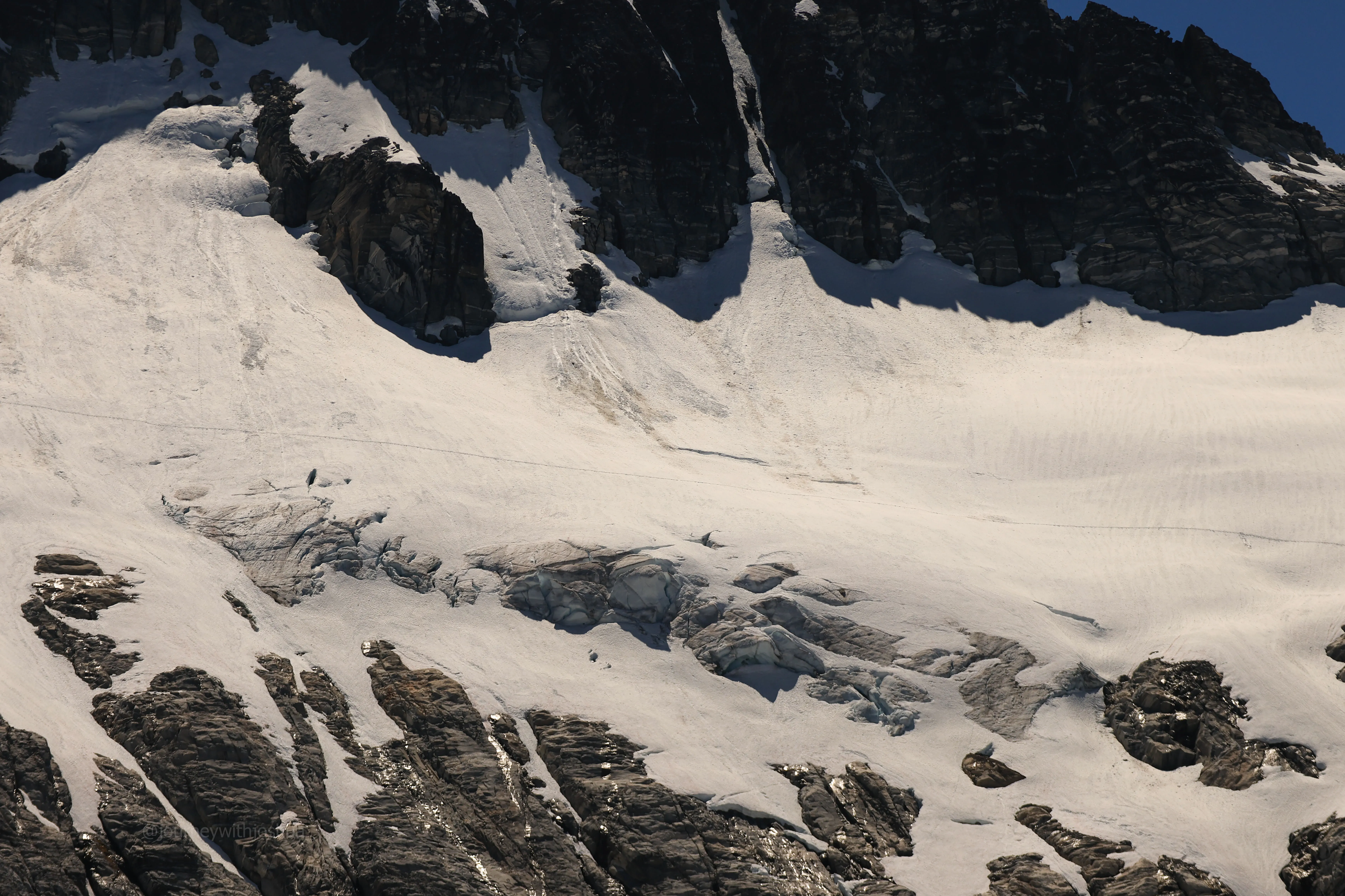 Our boot track across the Borealis Glacier showing the line through the crevasses