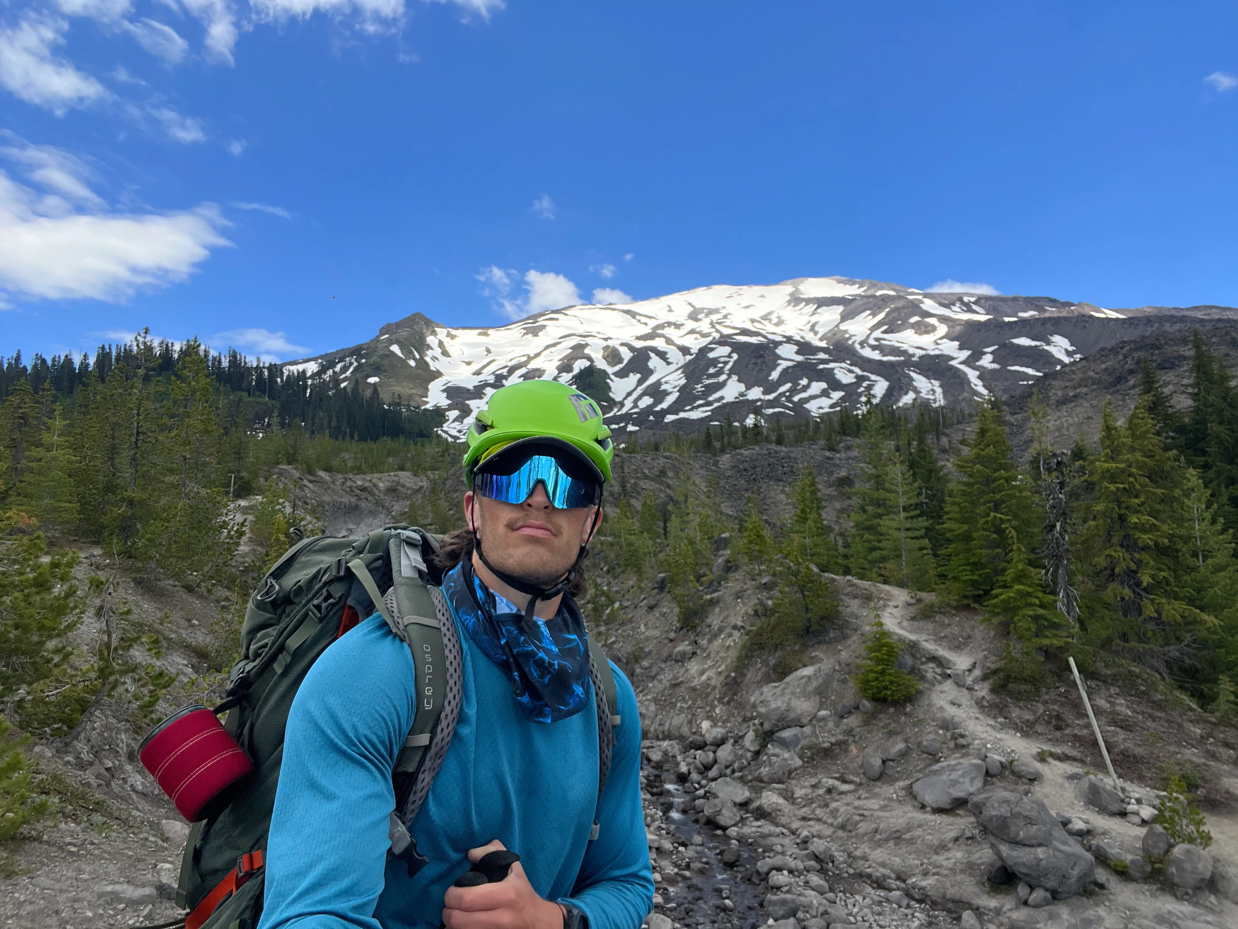 Looking back at Mount St. Helens, the creek, and the wrong trail in daylight
