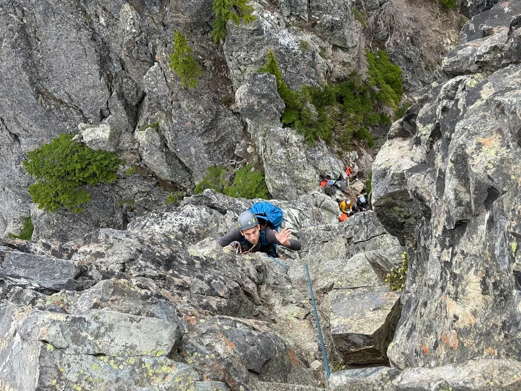 Pete climbing the first pitch of The Tooth