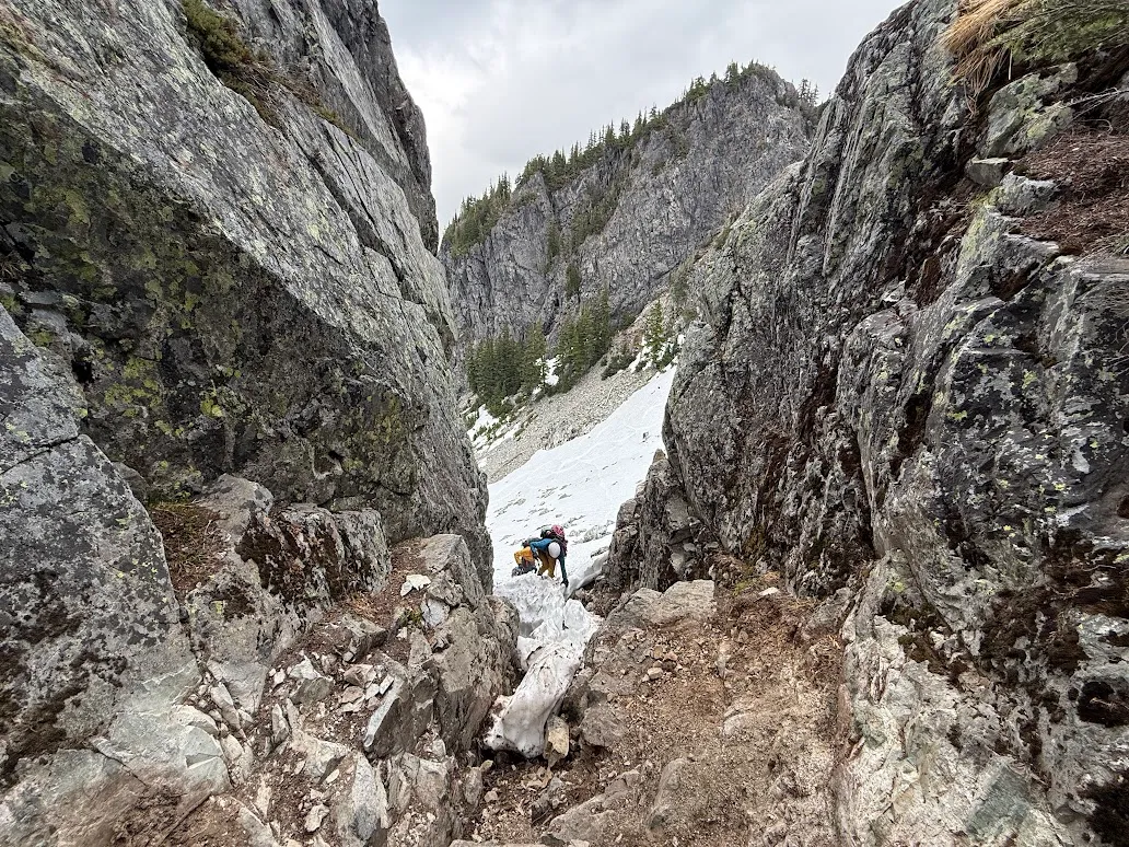 The steep snow finger leading into Pineapple Pass
