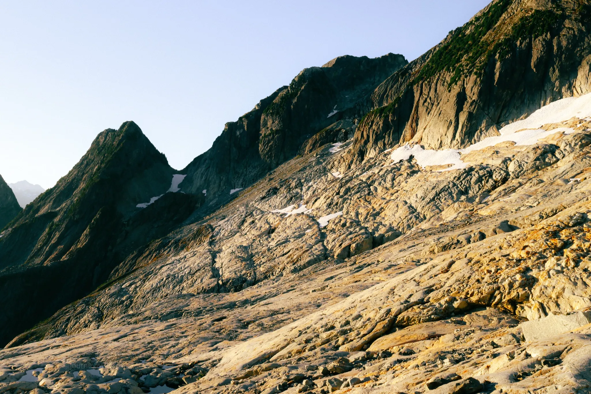 A bigger look at the route to the slabs and the deep gully crossed on the Mount Triumph approach