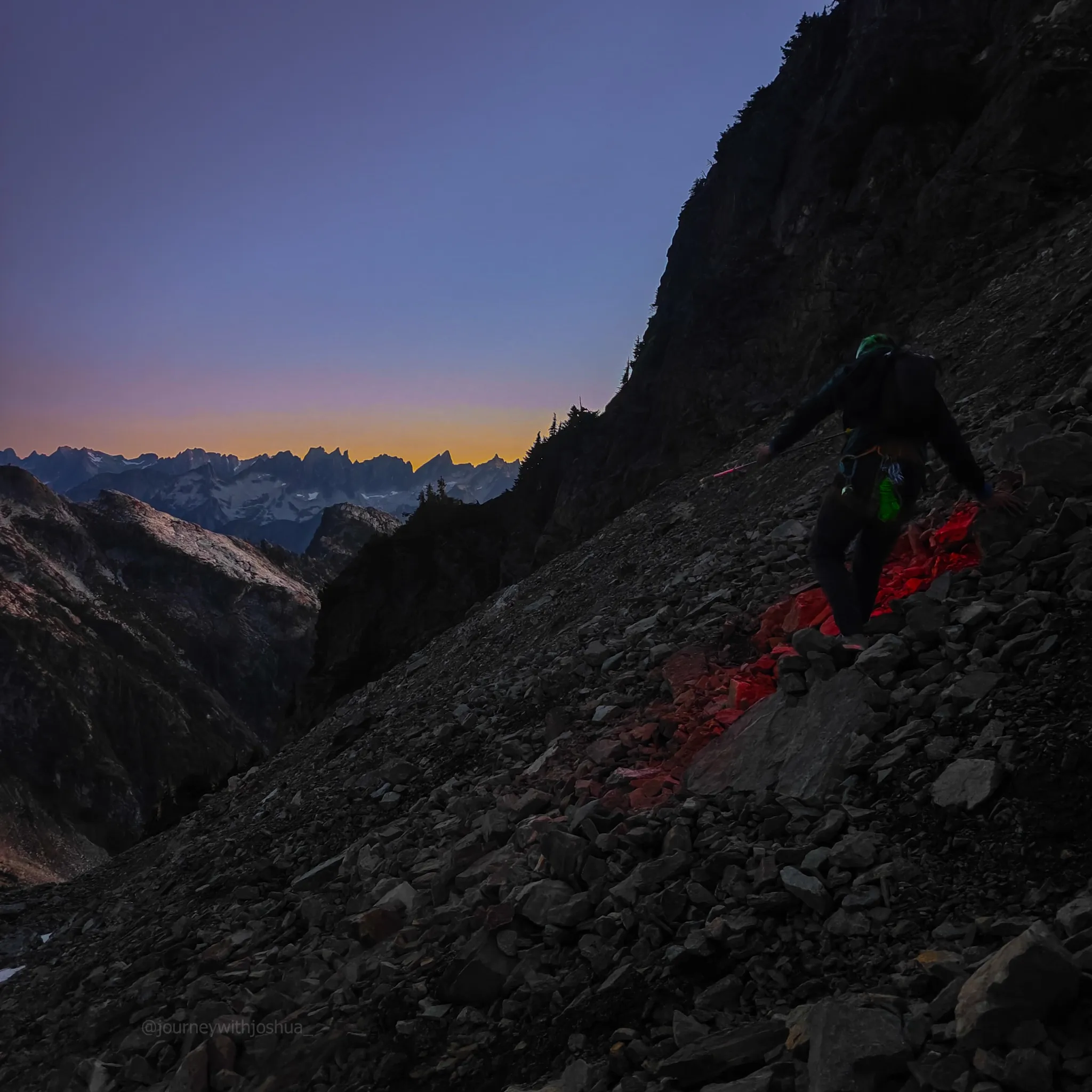 And so it begins, sidehilling down loose choss towards the slabs on day 2 of Mount Triumph
