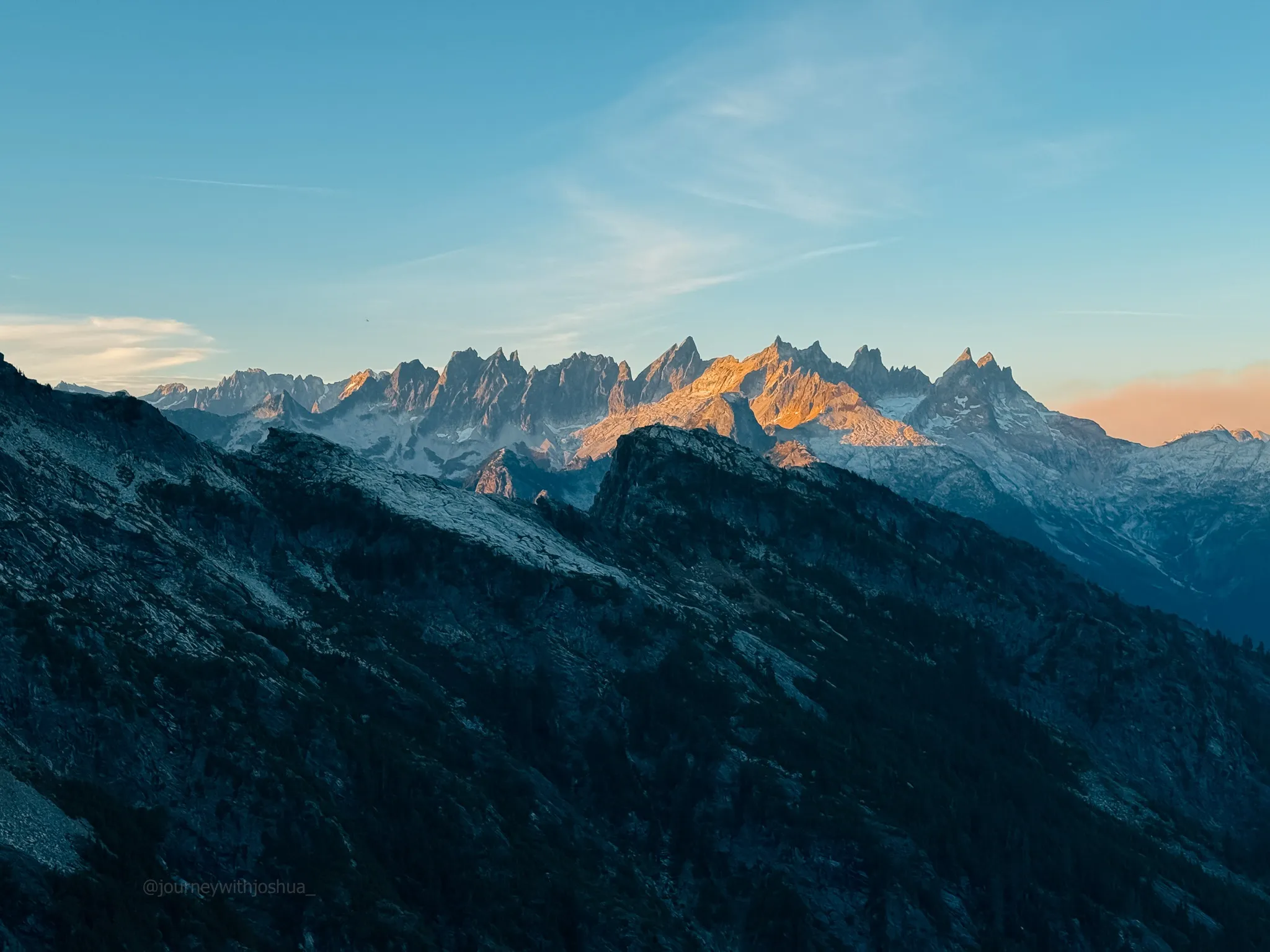 Caught a stunning sunset moment on the Pickets near our exit on the descent of Mount Triumph
