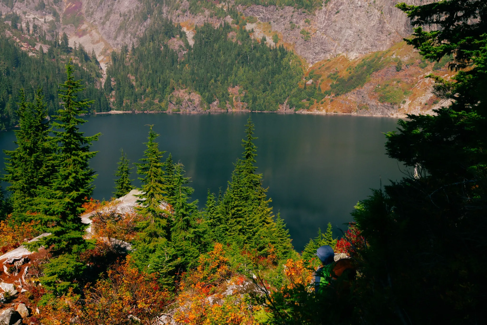 Getting down towards the first lake through autumn bliss on the Mount Triumph approach