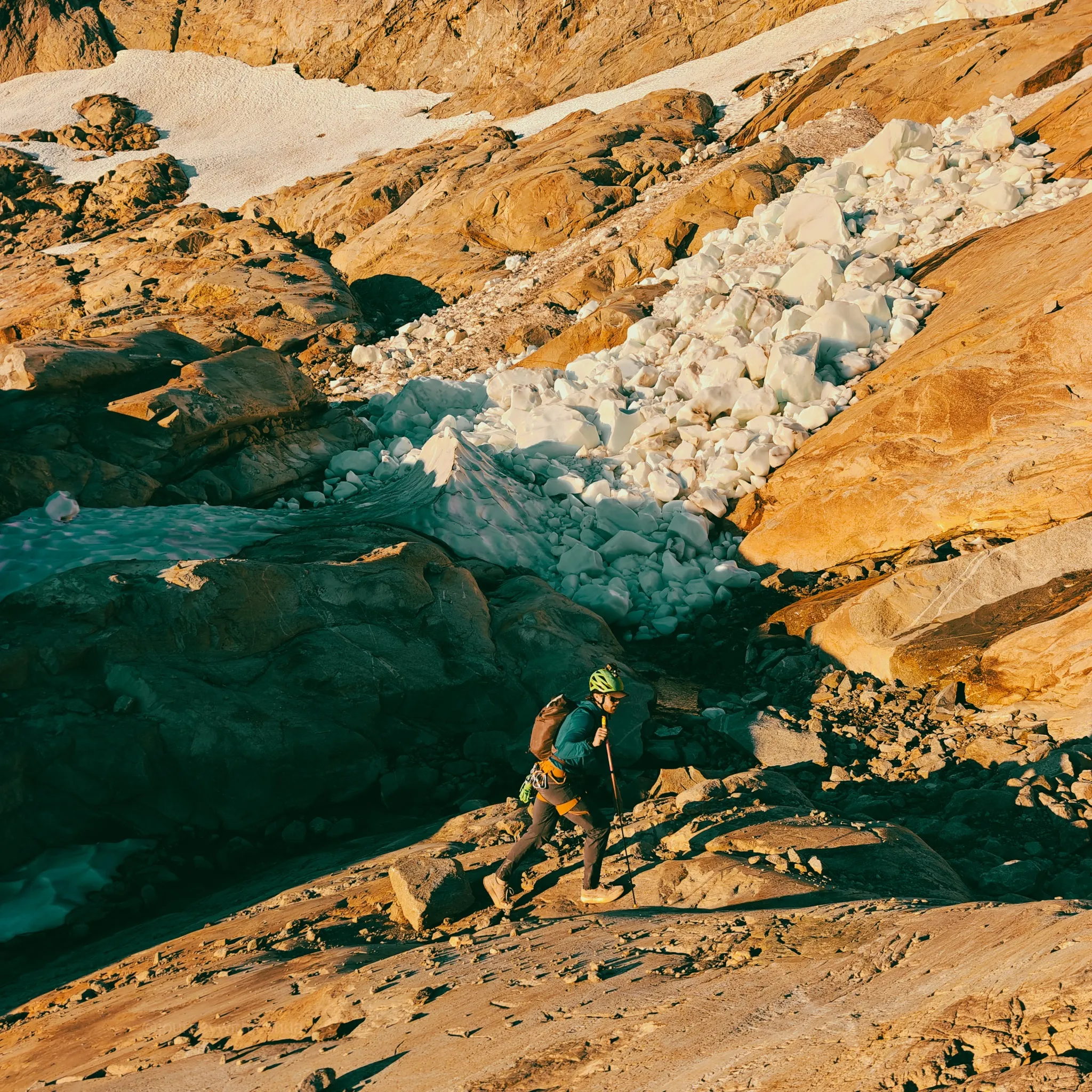 Me pausing across the icefall zone on the Mount Triumph approach