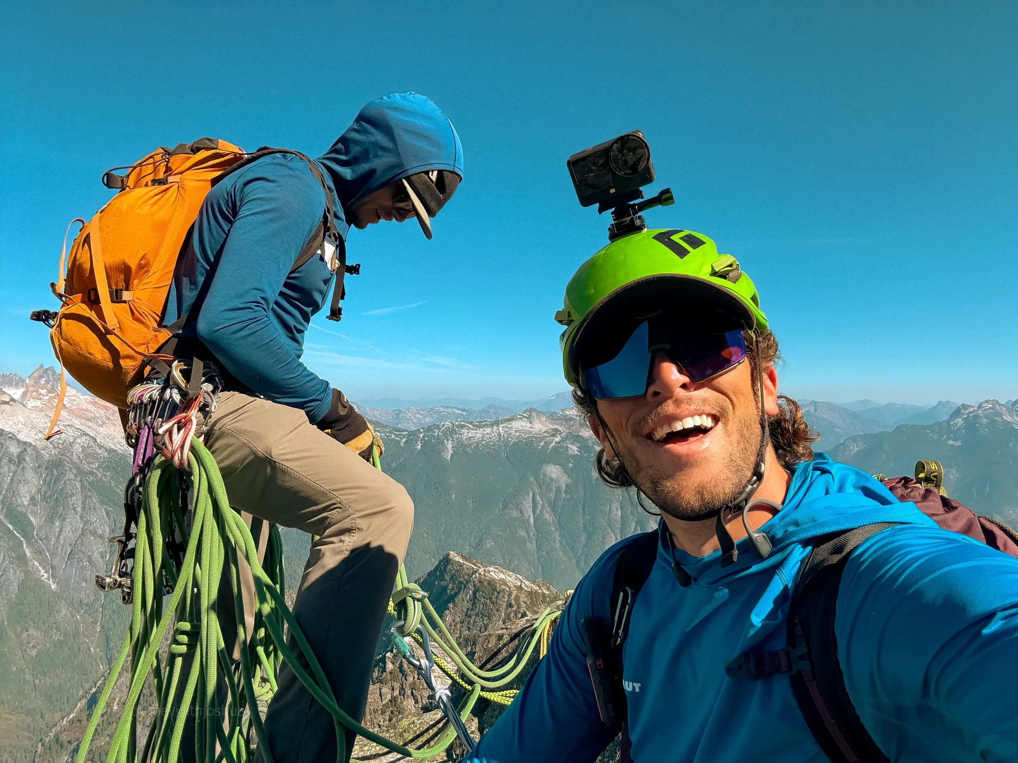 Prepping the first rappel from the summit of Mount Triumph