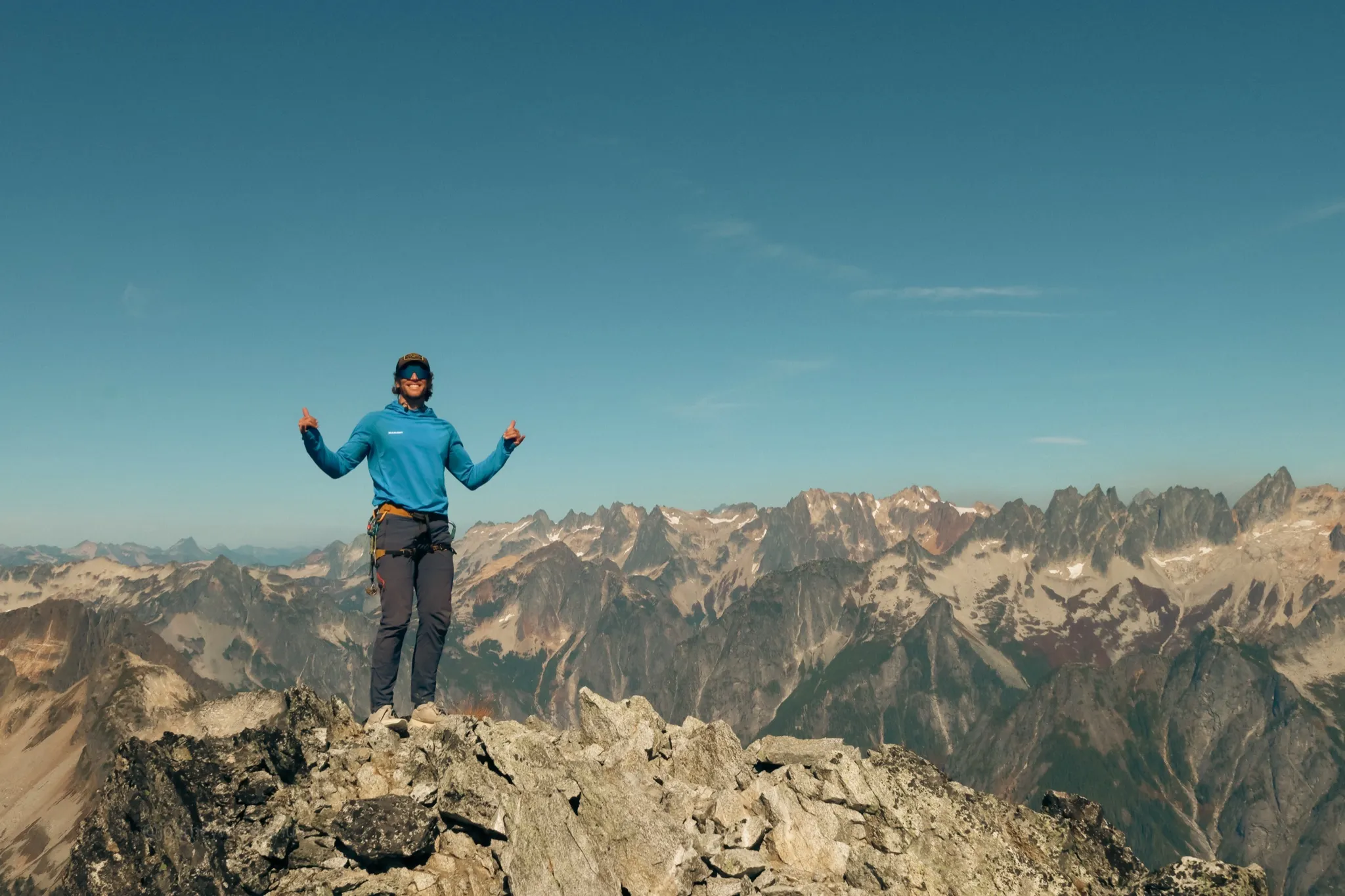 True summit of Mount Triumph in front of the glorious Picket Range