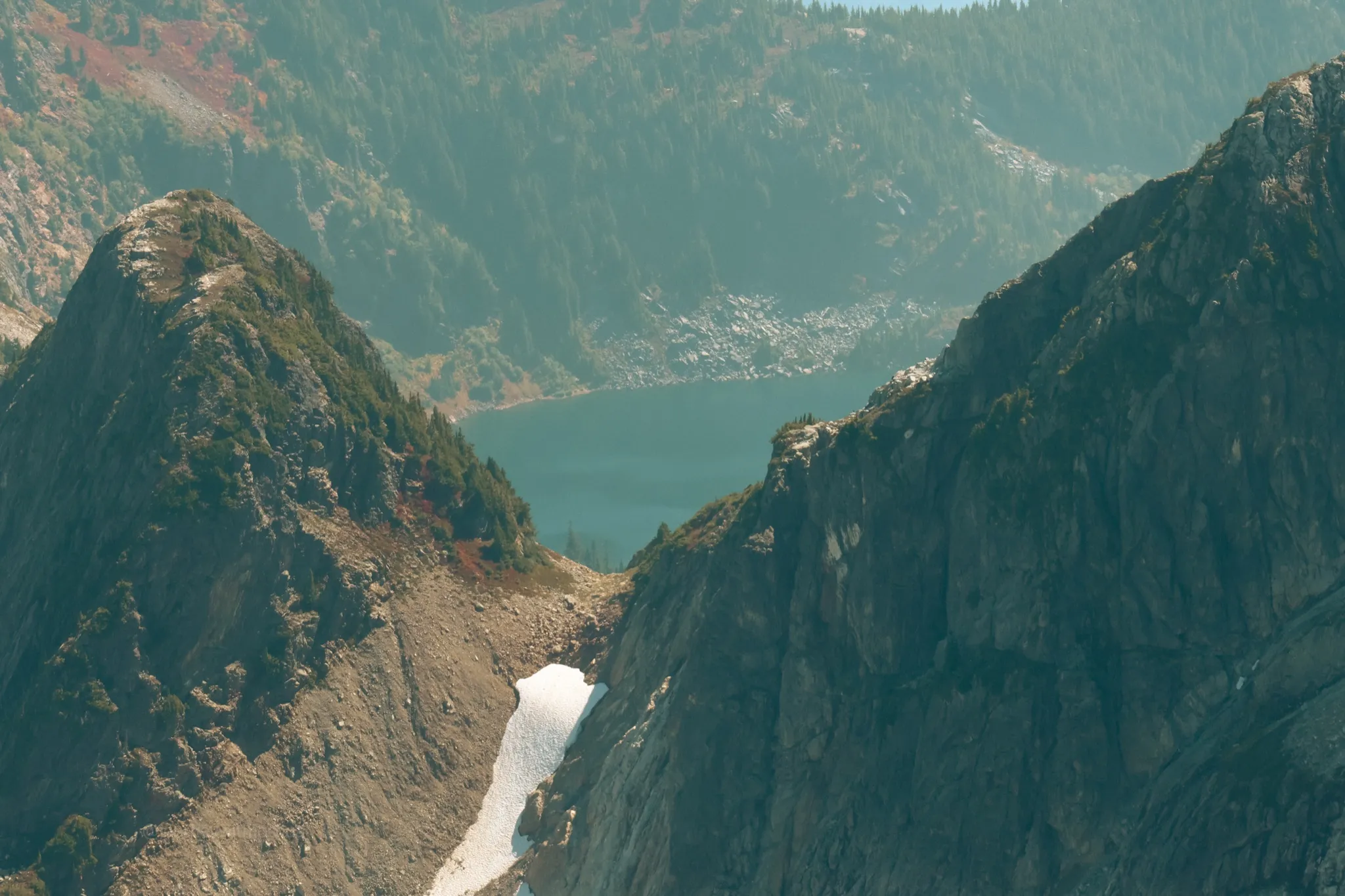 Looking back at the pass and Thornton Lakes from the summit of Mount Triumph