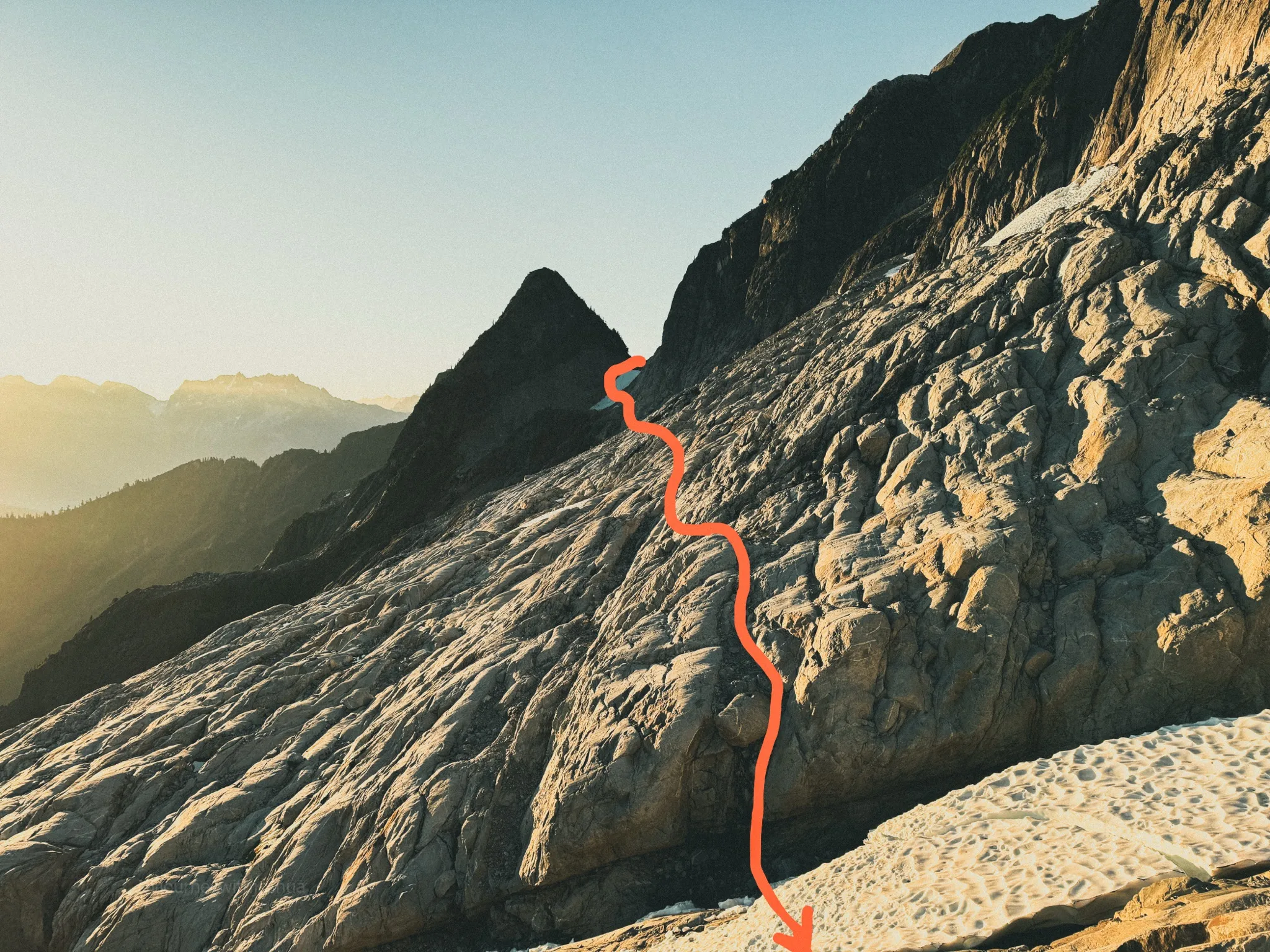 Our approximate route to and down into the gully on the Mount Triumph approach
