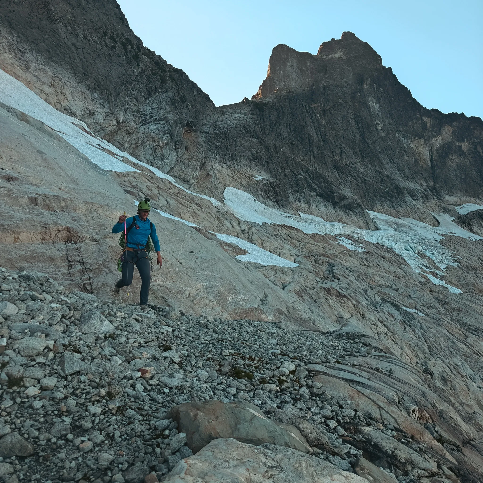 Over the big crack off the slabs and now into the steep choss on the descent of Mount Triumph