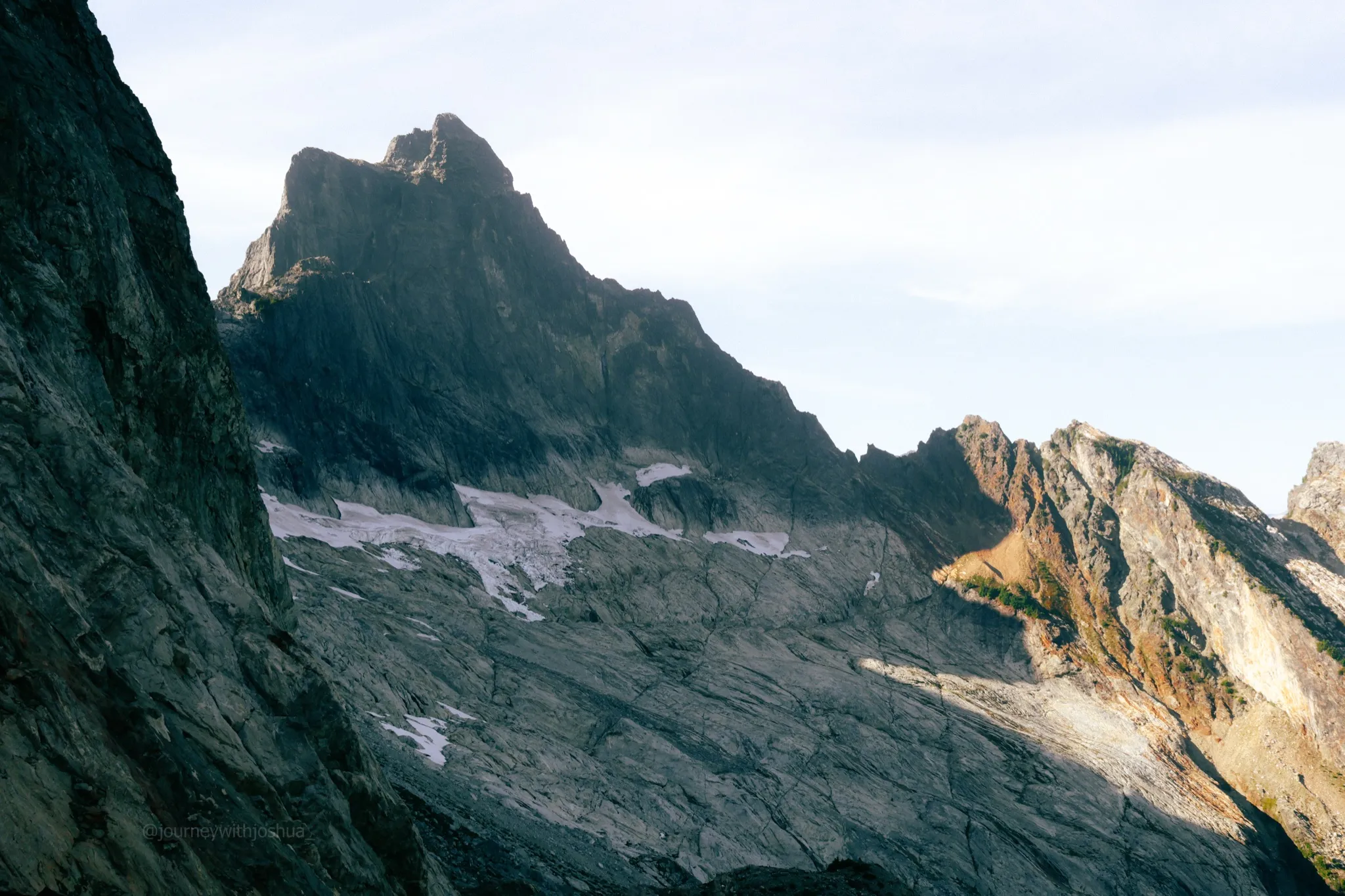 The full view of the Mount Triumph Northeast Ridge route ahead from camp