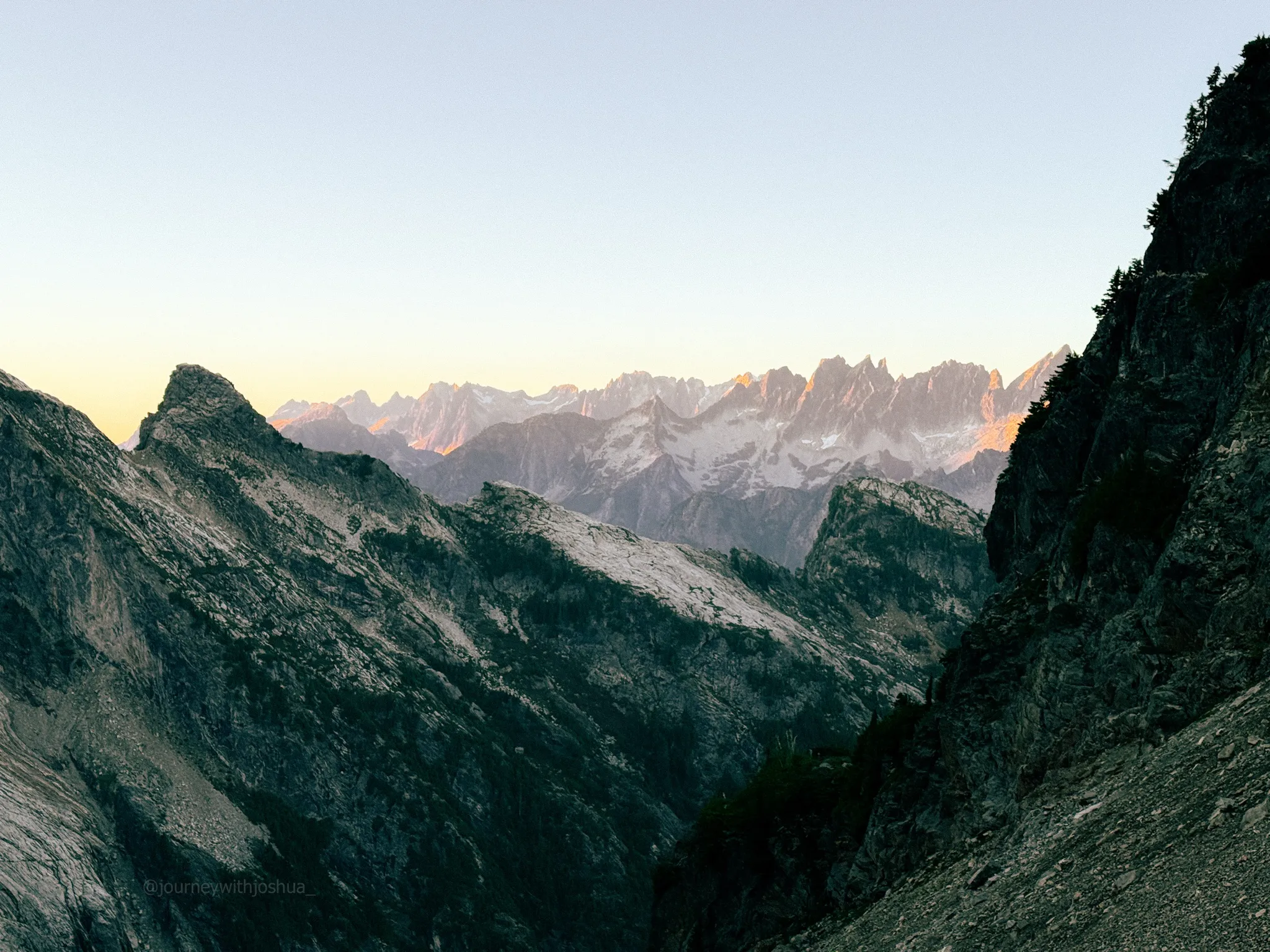 Sunset over the Picket Range on night 1 of the Mount Triumph Northeast Ridge climb