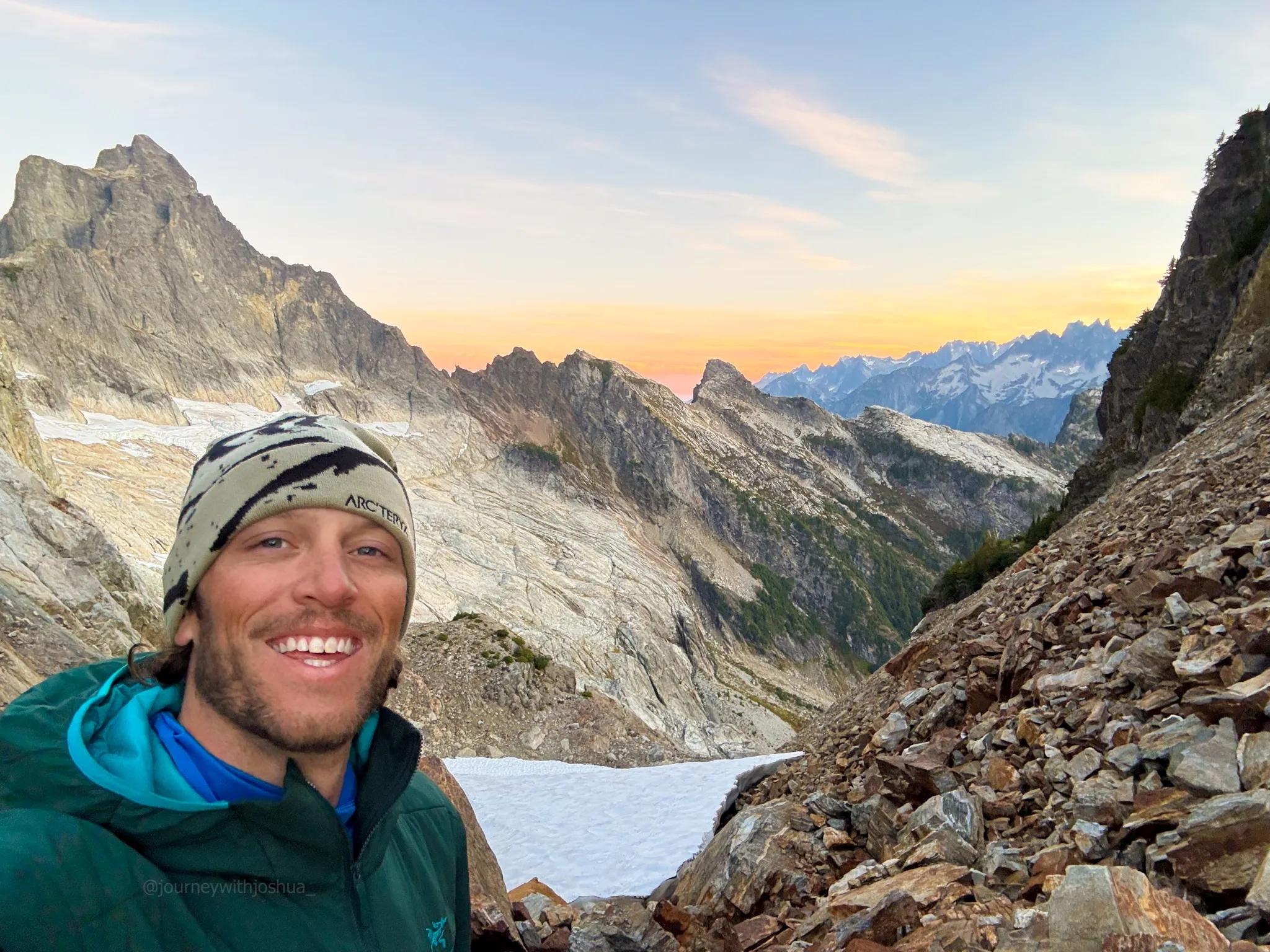 View from the pass at camp, sunset and night coming in over the North Cascades on the Mount Triumph approach